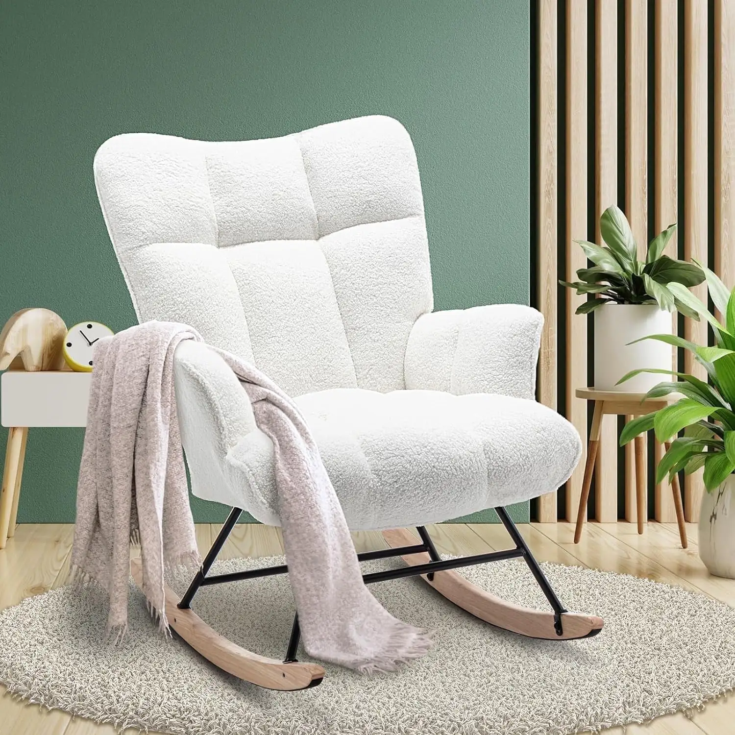 SAETSFEG Nursery Rocking Chair Teddy, High Backrest, Comfortable Stylish with Padded Seat for Living Rooms, Bedrooms, Offices, White