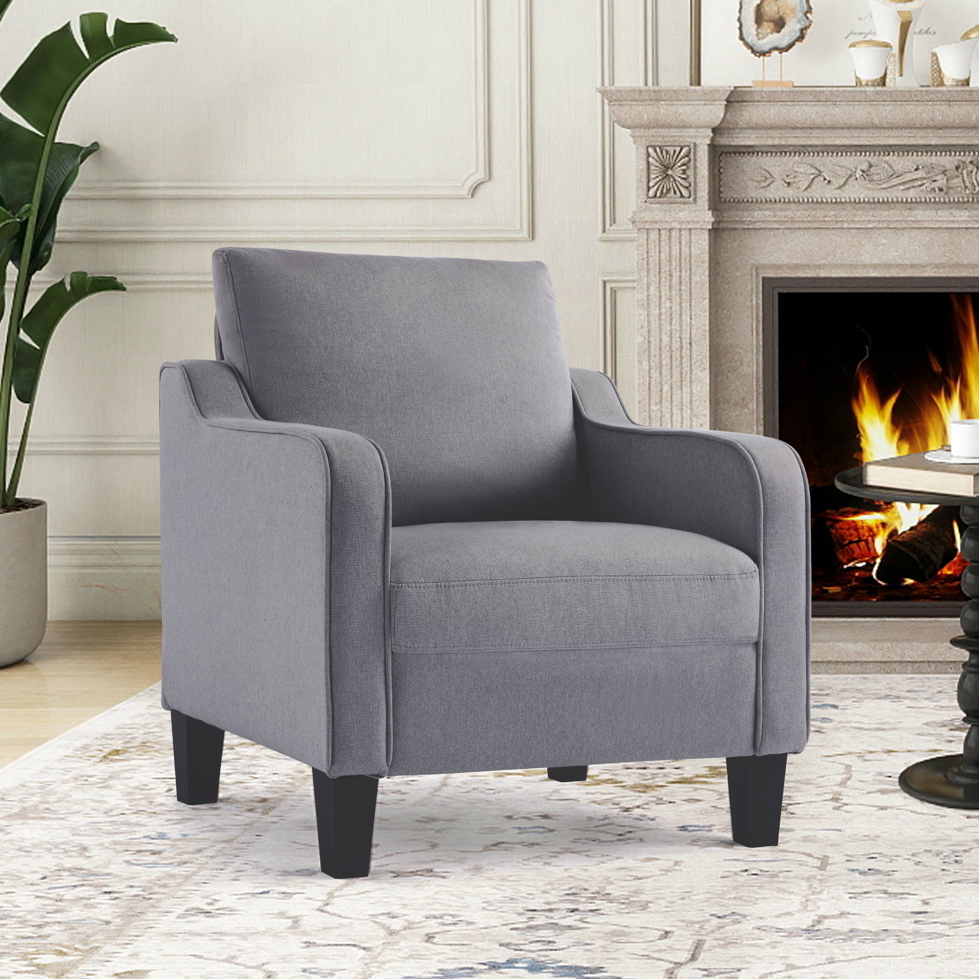 SAETSFEG Mid-Century Accent Chairs, Linen Modern Upholstered Living Room Chair, Comfy Reading Armchair with Scooped Arm and Wide Seat, Compact Single Sofa Chair for Bedroom Office, Darkgrey 1PC