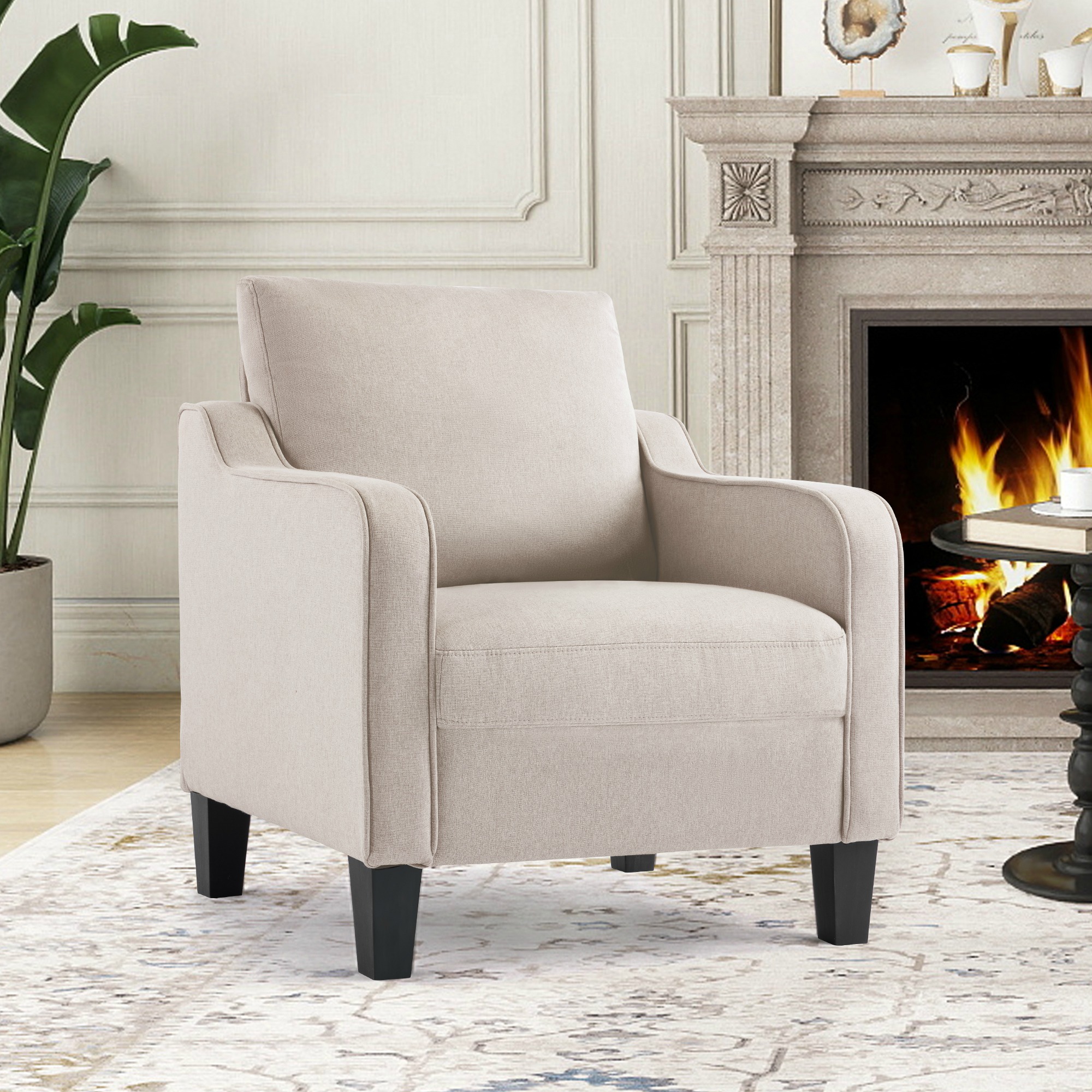 SAETSFEG Mid-Century Accent Chairs, Linen Modern Upholstered Living Room Chair, Comfy Reading Armchair with Scooped Arm and Wide Seat, Compact Single Sofa Chair for Bedroom Office, Beige 1PC