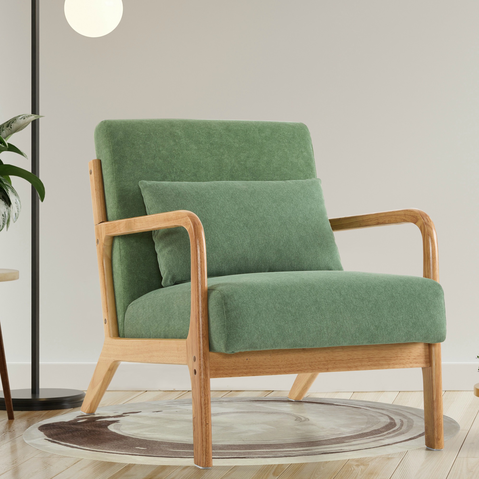 SAETSFEG Mid-Century Accent Chair with Pillow, Upholstered Armchair with Solid Wood Frame & Thick Cushion for Living Room, Bedroom, Small Space, Green