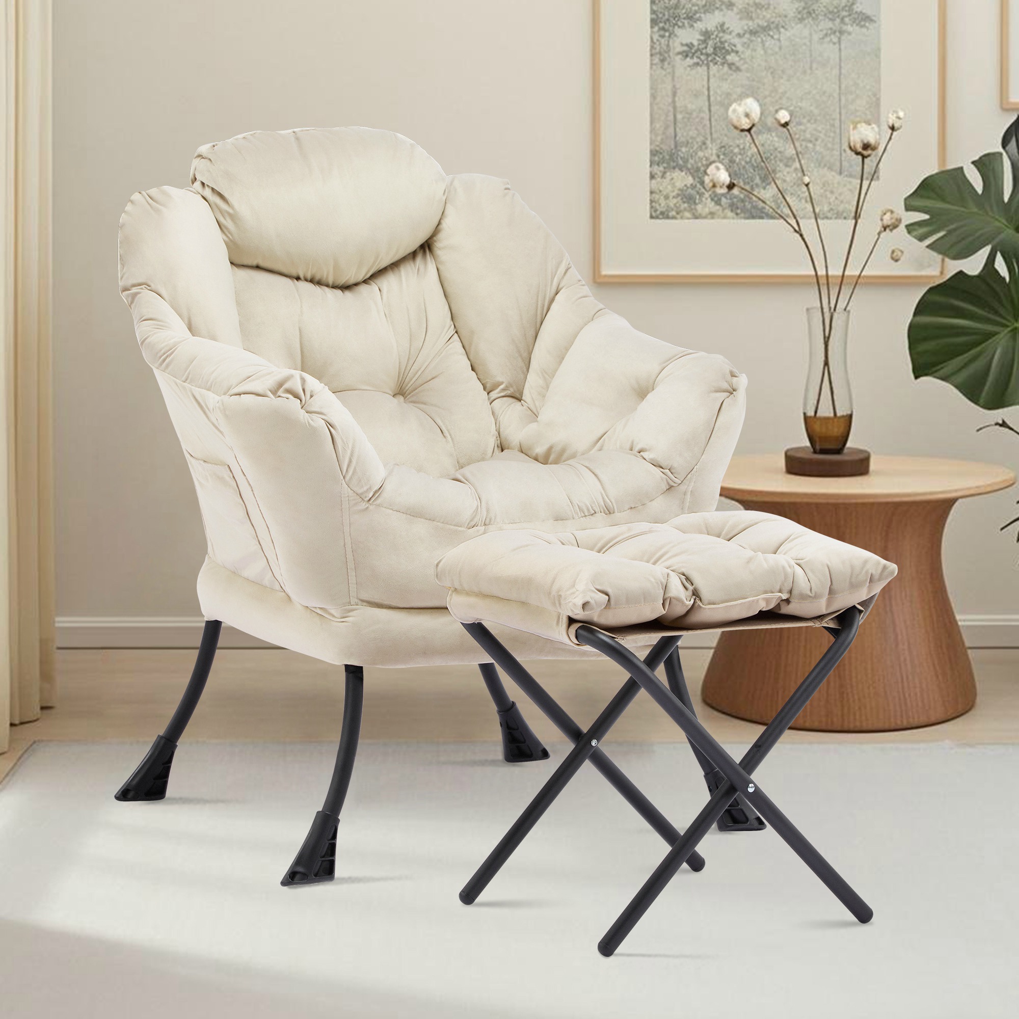 SAETSFEG Lazy Chair with Ottoman, Comfy Accent Lounge Chair with Side Pocket, Modern Reading Armchair with Footrest, Upholstered Sofa Chair for Small Spaces, Bedroom, Living Room, Dorm, Beige