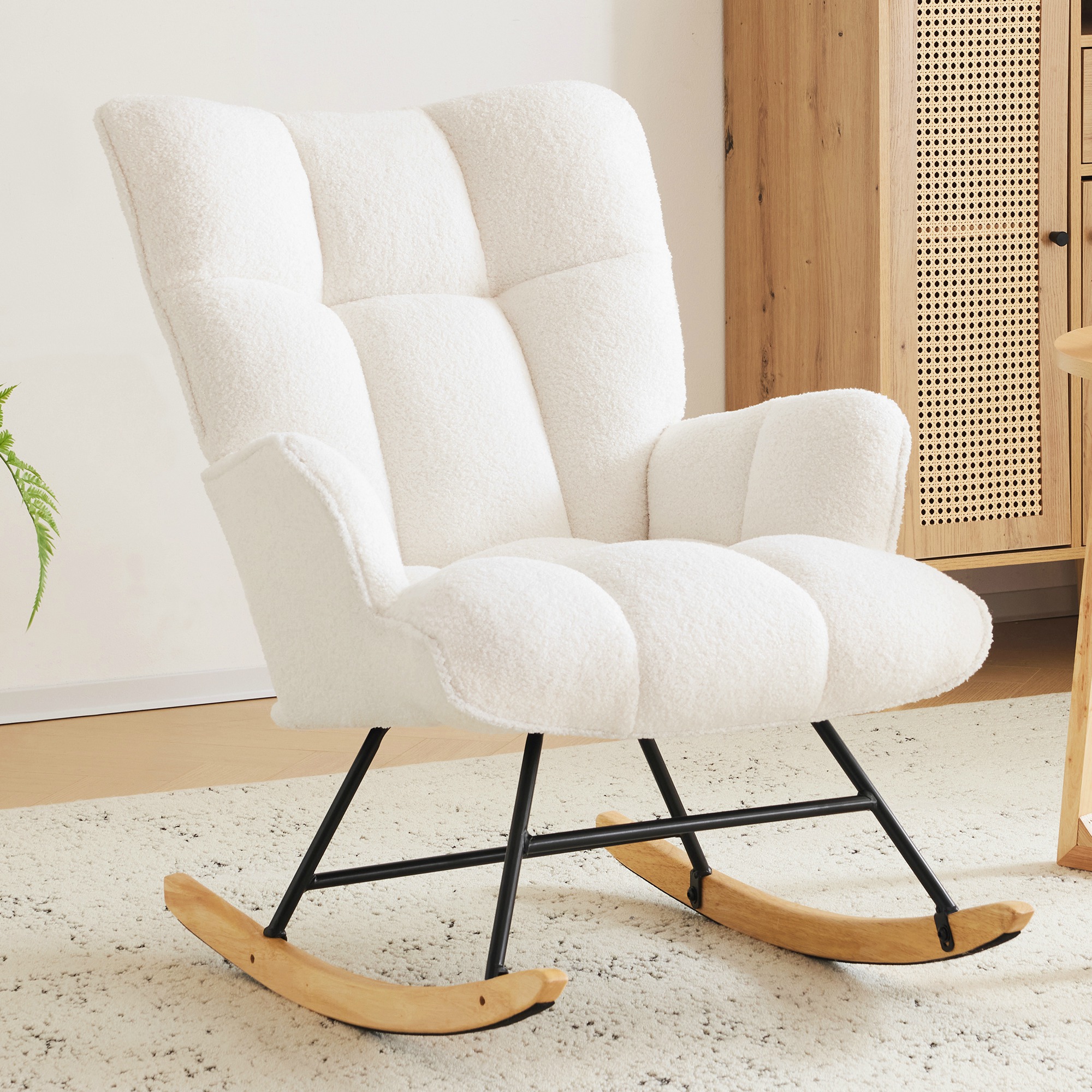 SAETSFEG Nursery Rocking Chair Teddy, High Backrest, Comfortable Stylish with Padded Seat for Living Rooms, Bedrooms, Offices, White