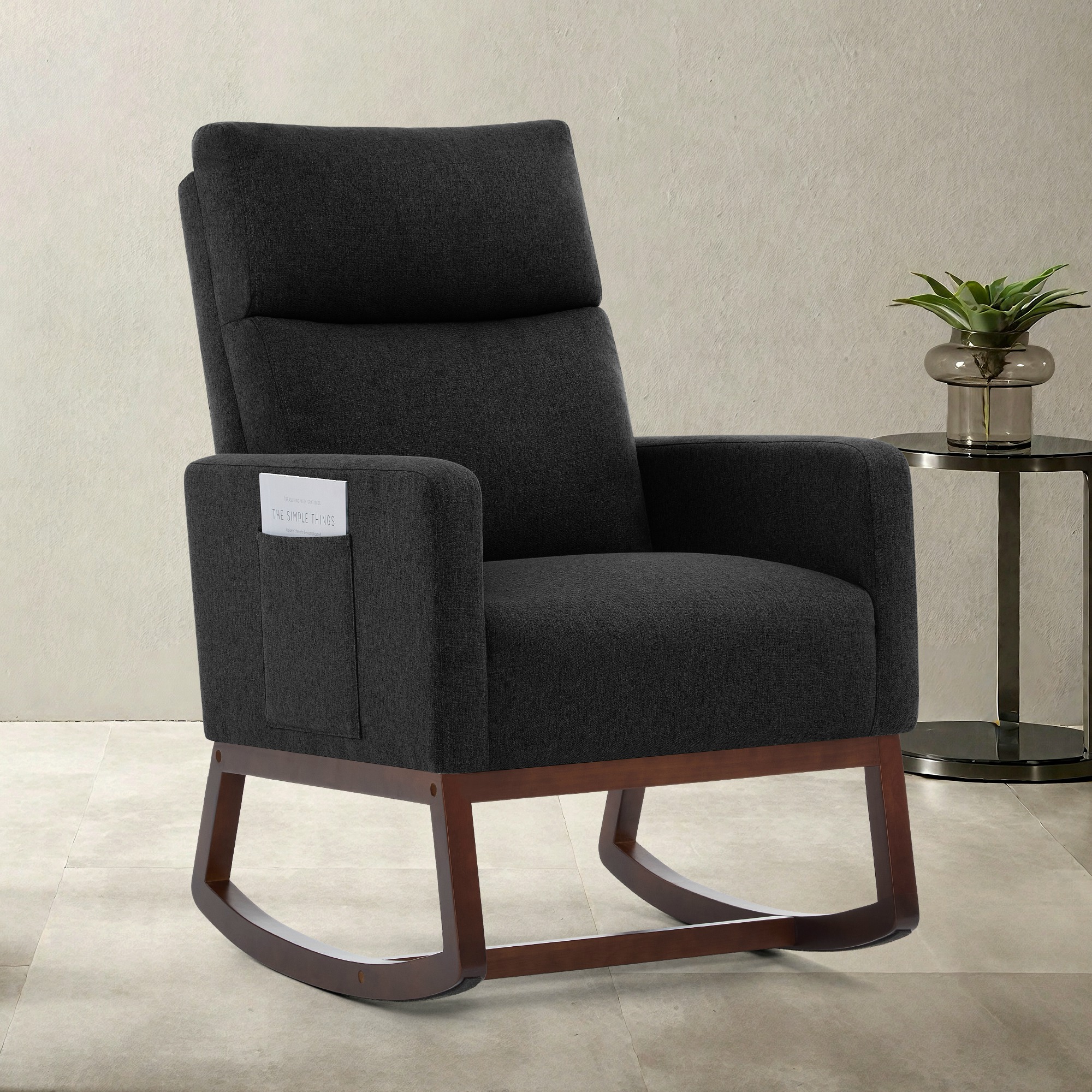 SAETSFEG Rocking Chair Nursery, Comfortable Upholstered Glider Rocker Chairs Indoor for Adults, Mid-Century Modern Nursing Accent Rockers for Living Room, Bedroom, Black