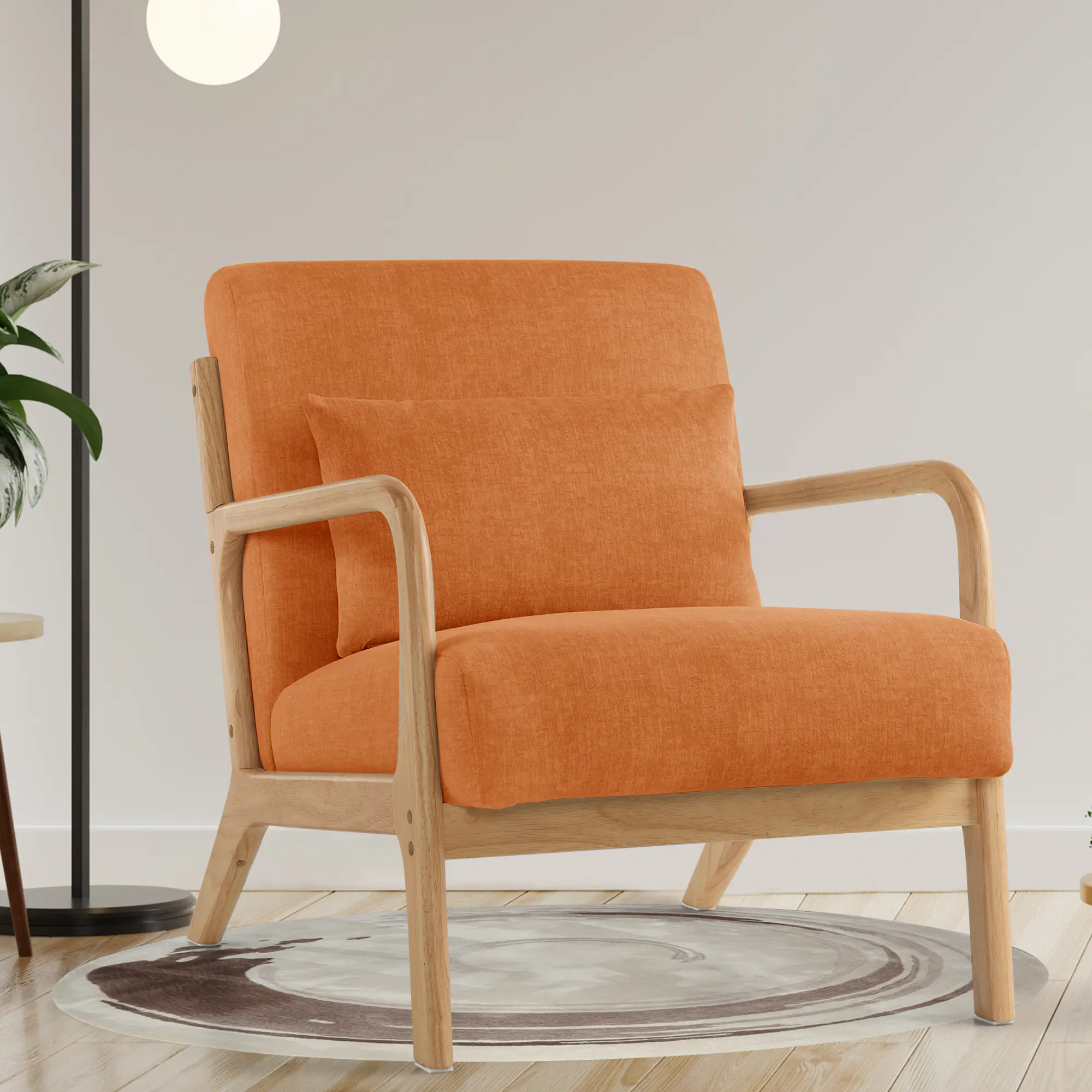 SAETSFEG Mid-Century Accent Chair with Pillow, Upholstered Armchair with Solid Wood Frame & Thick Cushion for Living Room, Bedroom, Small Space, Orange