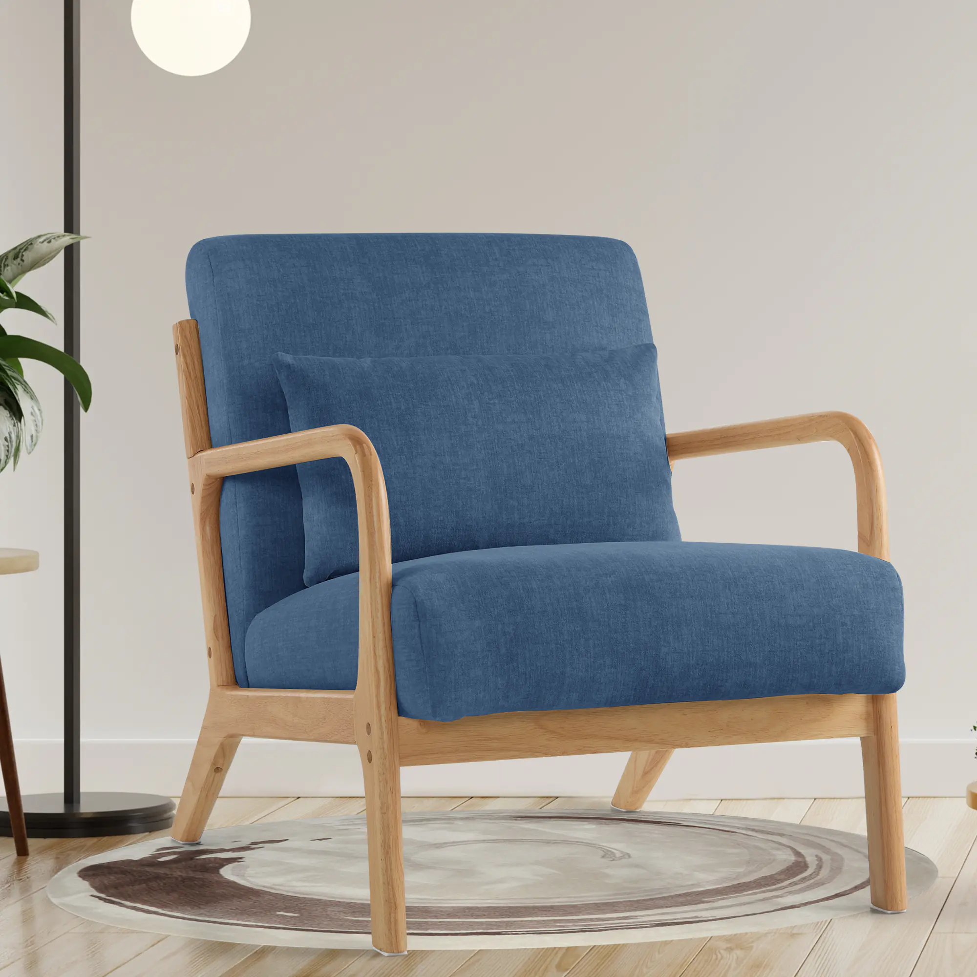 SAETSFEG Mid-Century Accent Chair with Pillow, Upholstered Armchair with Solid Wood Frame & Thick Cushion for Living Room, Bedroom, Small Space, Blue