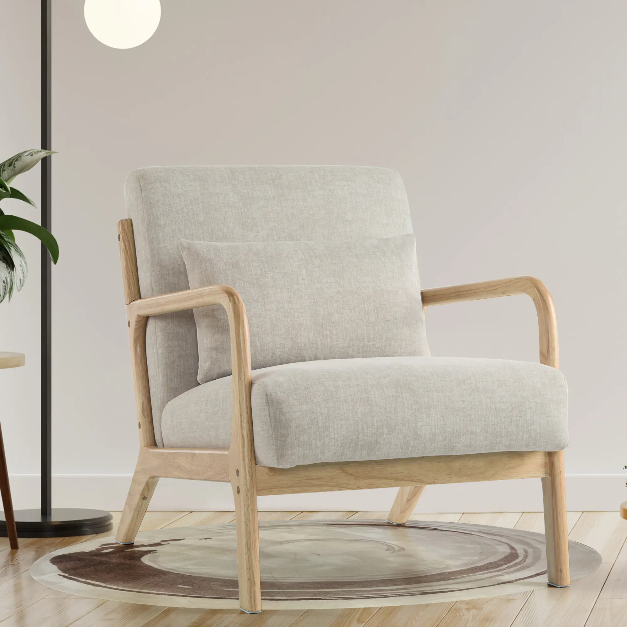 SAETSFEG Mid-Century Accent Chair with Pillow, Upholstered Armchair with Solid Wood Frame & Thick Cushion for Living Room, Bedroom, Small Space, Lightgrey