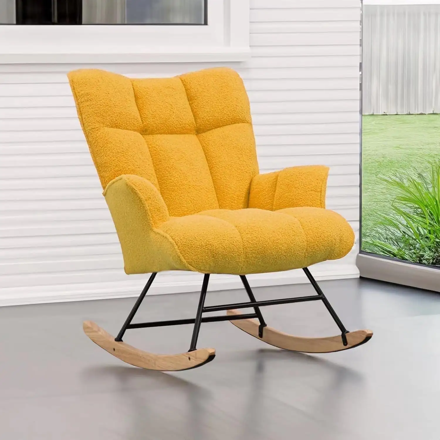 SAETSFEG Nursery Rocking Chair Teddy, High Backrest, Comfortable Stylish with Padded Seat for Living Rooms, Bedrooms, Offices, Yellow