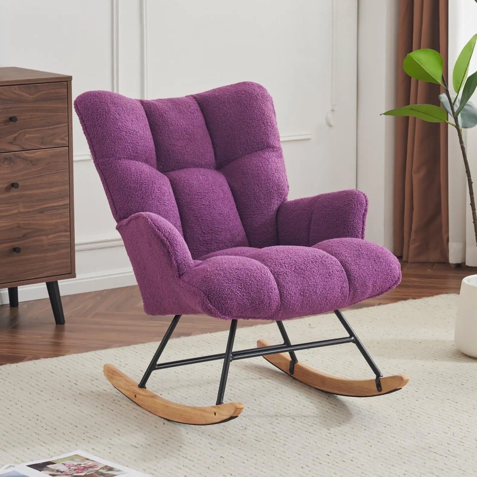 Nursery Rocking Chair Teddy, Upholstered Glider Rocker with High Backrest, Comfortable Stylish Accent Armchair with Padded Seat for Living Rooms, Bedrooms, Offices