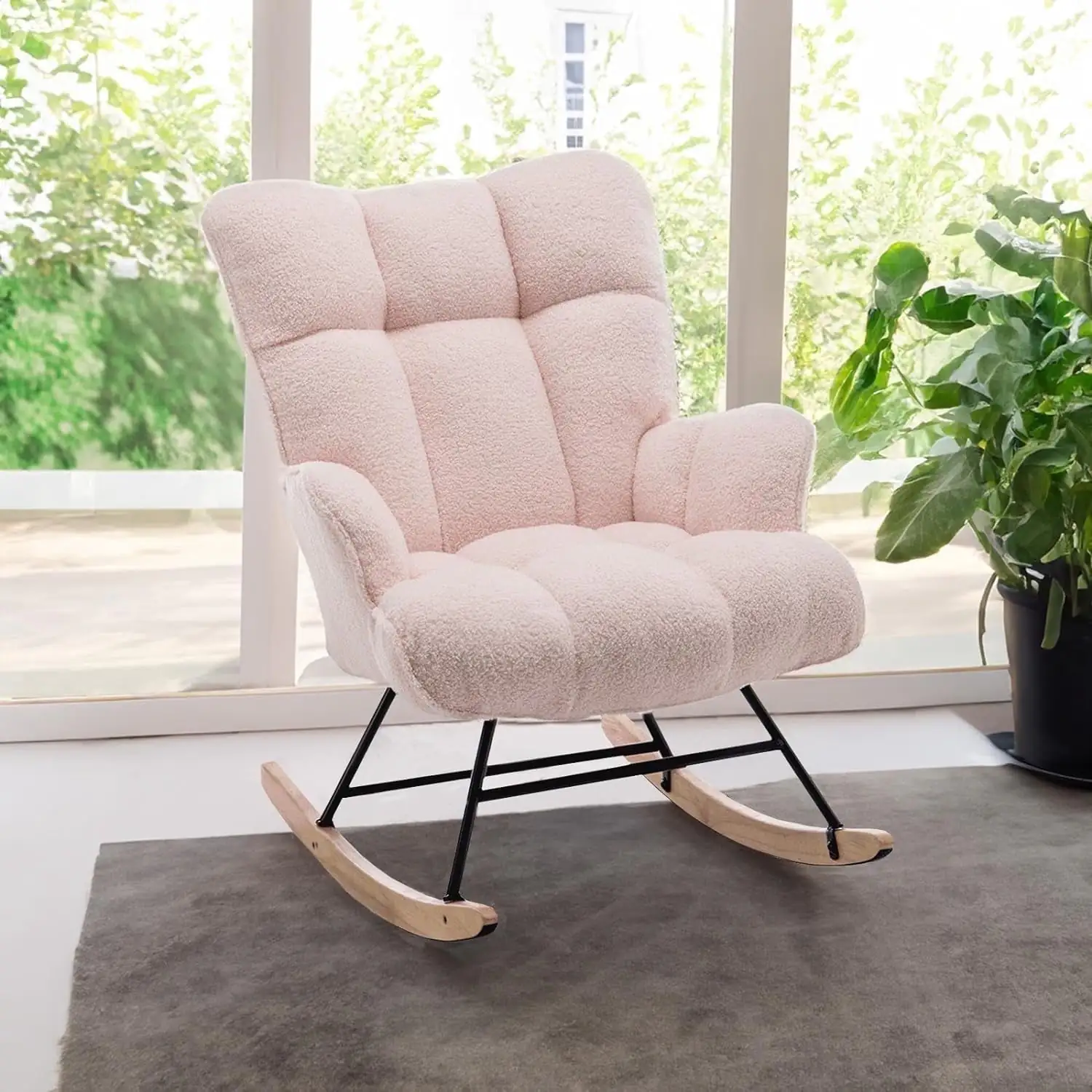 SAETSFEG Nursery Rocking Chair Teddy, High Backrest, Comfortable Stylish with Padded Seat for Living Rooms, Bedrooms, Offices, Pink