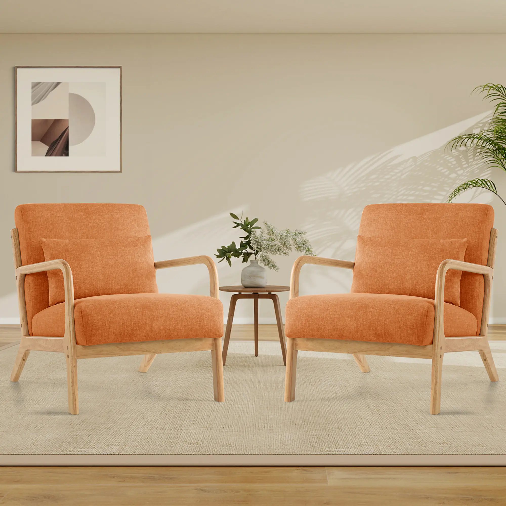Accent Chair Set of 2 with Pillow Upholstered Mid-Century Chair Living Room Chair for Small Space Solid Wood Frame Reading Chair with Soft Thick Cushion Armchair for Bedroom Balcony Orange