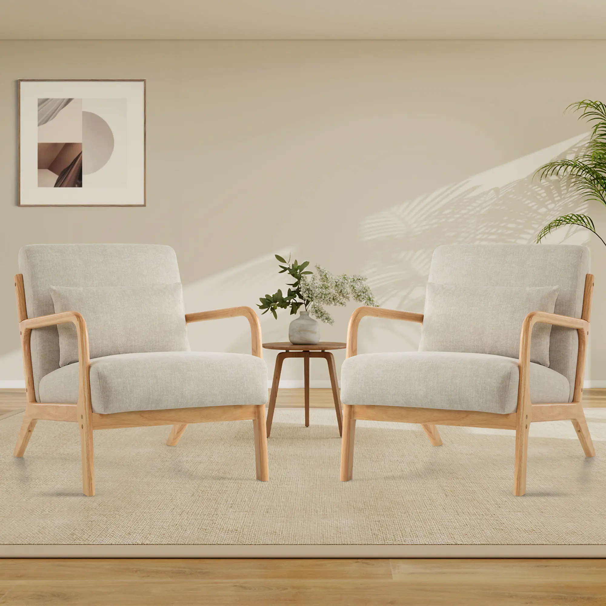 Accent Chair Set of 2 with Pillow Upholstered Mid-Century Chair Living Room Chair for Small Space Solid Wood Frame Reading Chair with Soft Thick Cushion Armchair for Bedroom Balcony Lightgrey