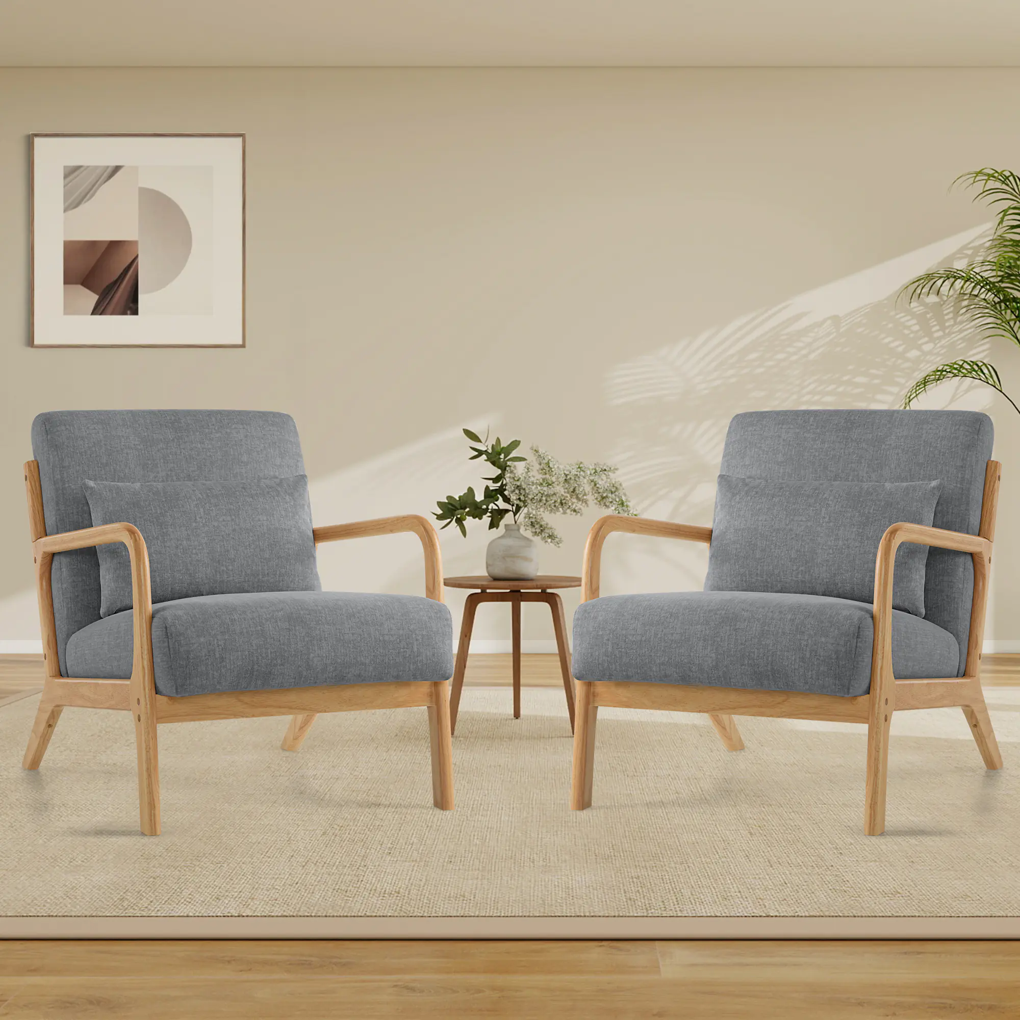 Accent Chair Set of 2 with Pillow Upholstered Mid-Century Chair Living Room Chair for Small Space Solid Wood Frame Reading Chair with Soft Thick Cushion Armchair for Bedroom Balcony Darkgrey