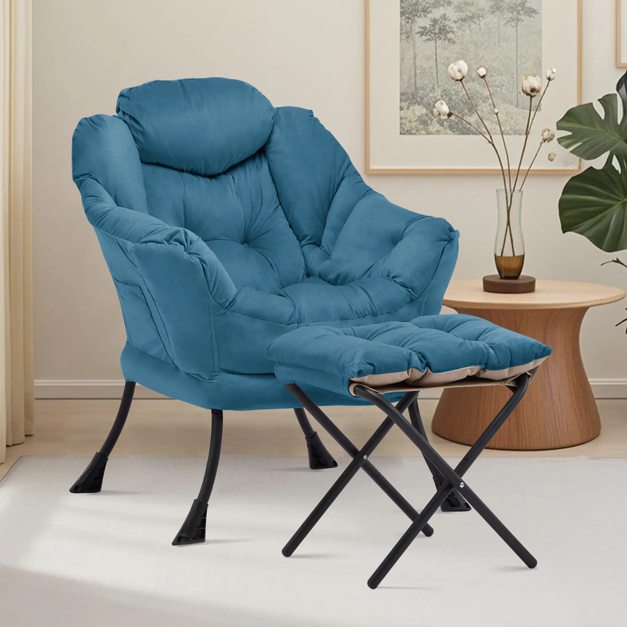SAETSFEG Lazy Chair with Ottoman, Comfy Accent Lounge Chair with Side Pocket, Modern Reading Armchair with Footrest, Upholstered Sofa Chair for Small Spaces, Bedroom, Living Room, Dorm, Blue