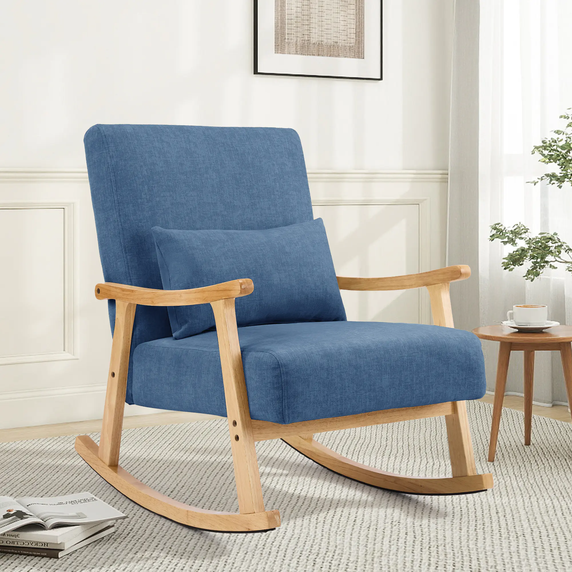 SAETSFEG Rocking Chair Modern Upholstered Glider Rocker Chairs with Wood Legs Armchair for Small Spaces Indoor Living Room Bedroom,Blue