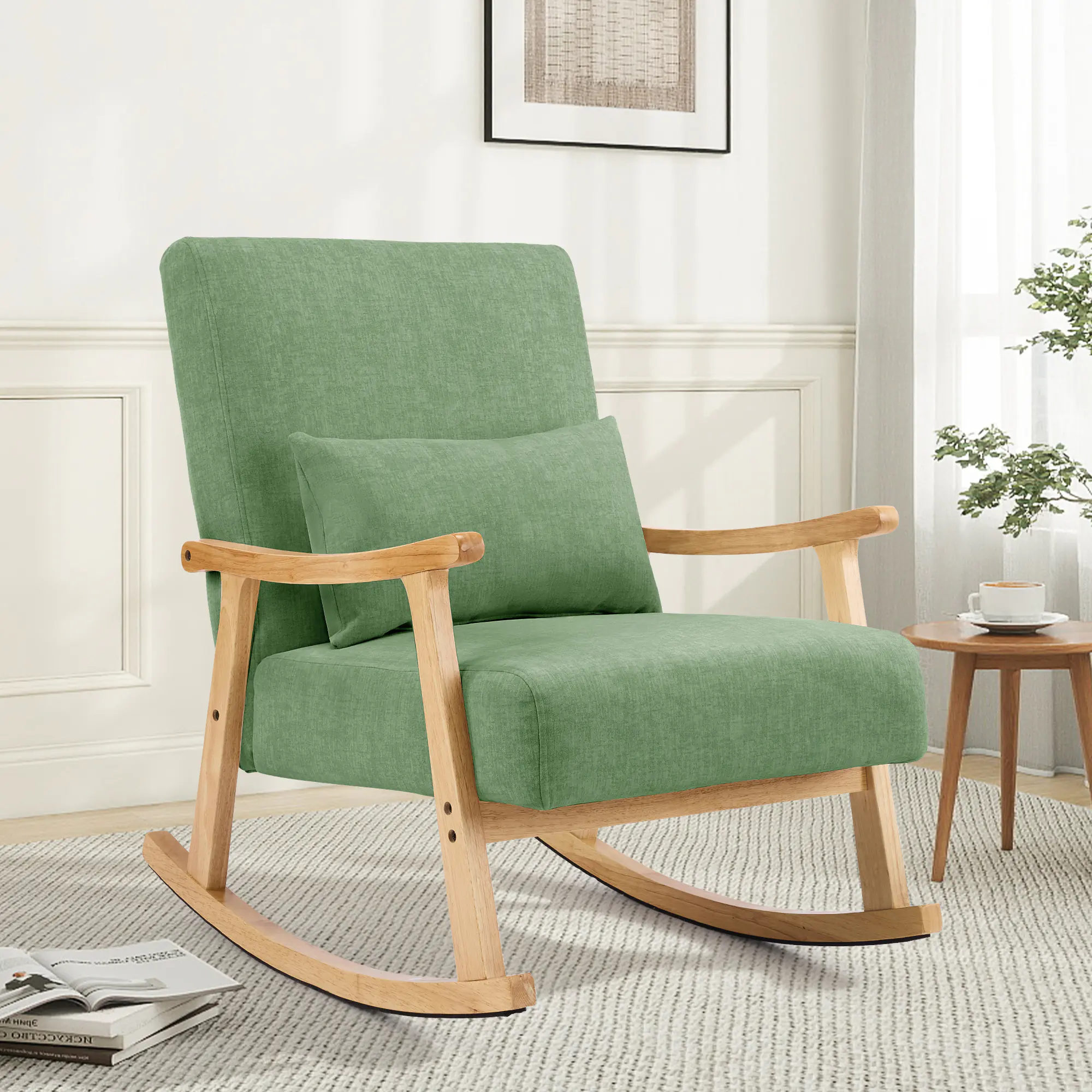 SAETSFEG Rocking Chair Modern Upholstered Glider Rocker Chairs with Wood Legs Armchair for Small Spaces Indoor Living Room Bedroom,Green