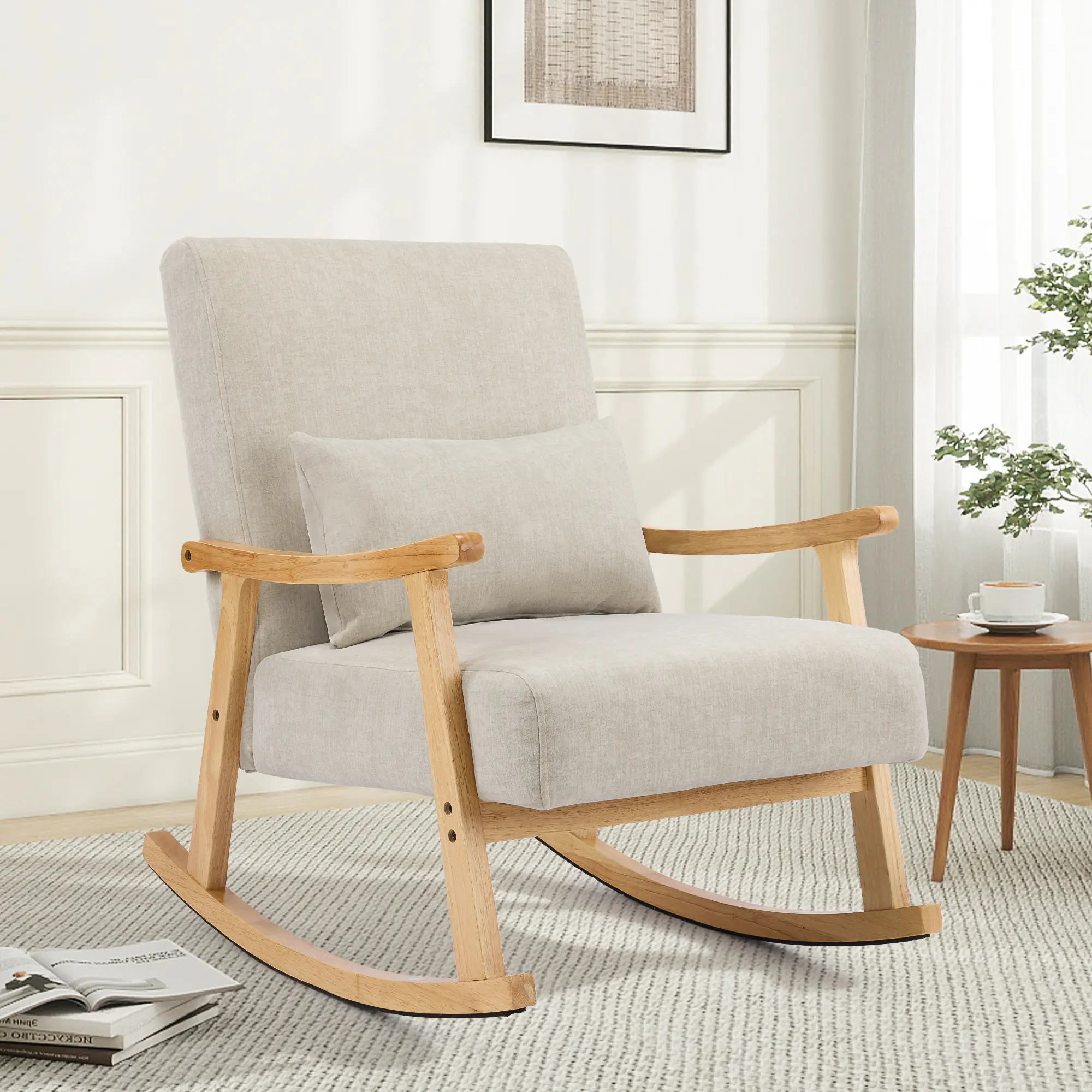 SAETSFEG Rocking Chair Modern Upholstered Glider Rocker Chairs with Wood Legs Armchair for Small Spaces Indoor Living Room Bedroom,Grey