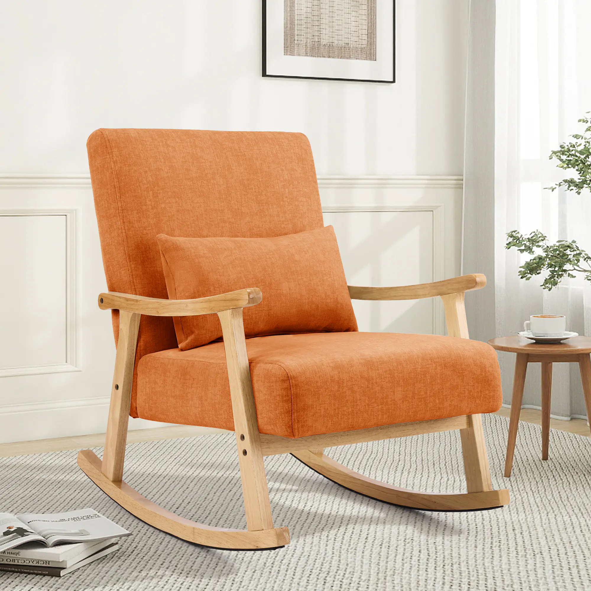 SAETSFEG Rocking Chair Modern Upholstered Glider Rocker Chairs with Wood Legs Armchair for Small Spaces Indoor Living Room Bedroom,Orange