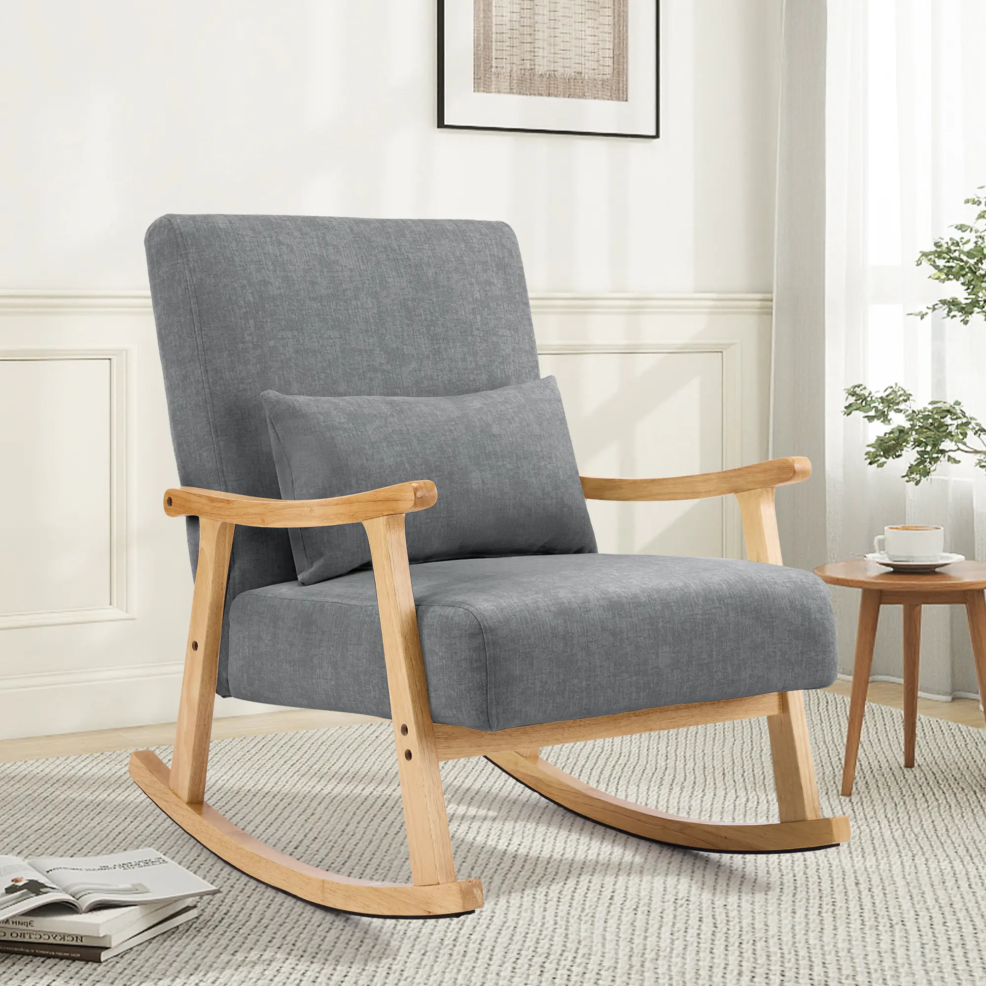 SAETSFEG Rocking Chair Modern Upholstered Glider Rocker Chairs with Wood Legs Armchair for Small Spaces Indoor Living Room Bedroom,Darkgrey
