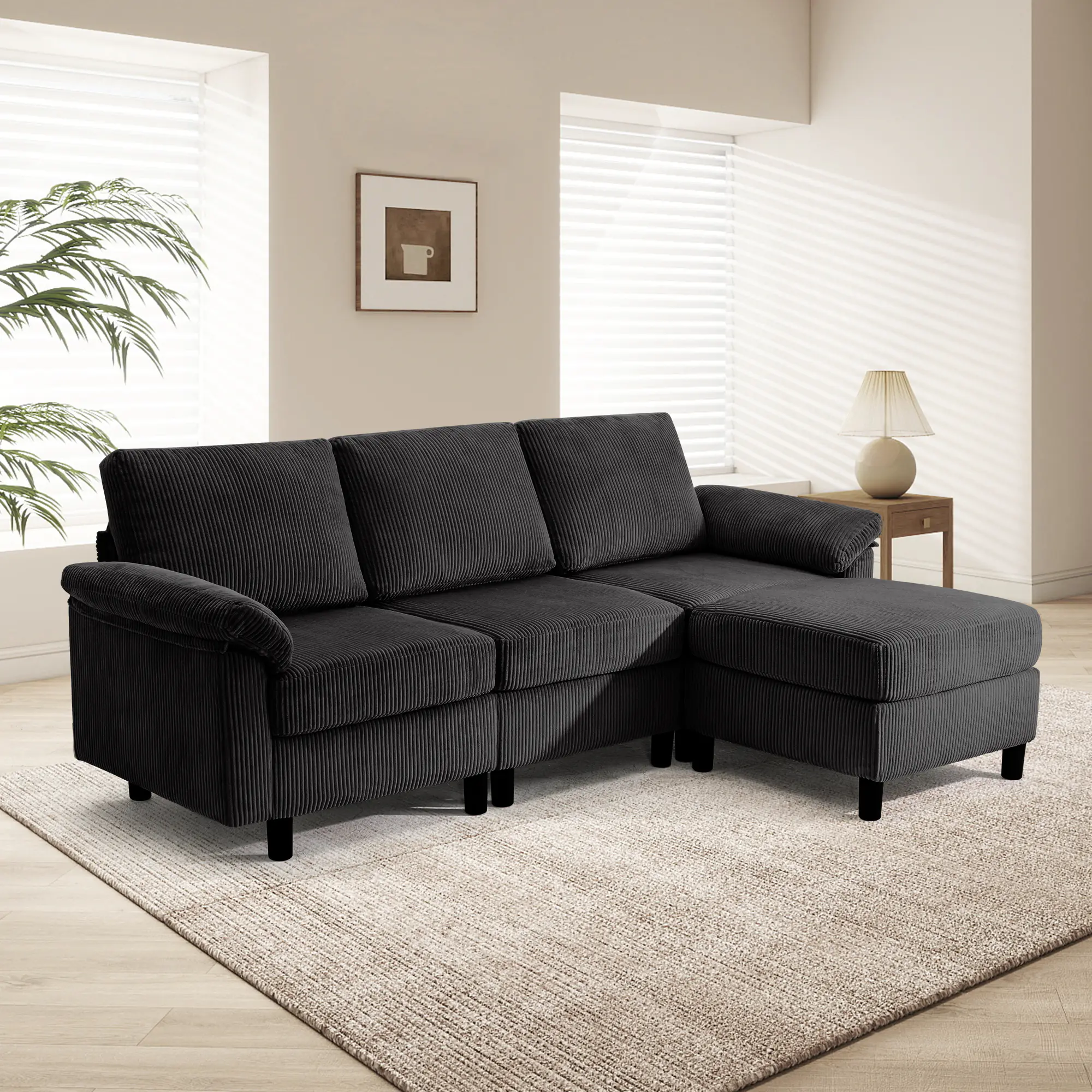 SAETSFEG Sectional Sofa, L-Shape 3-seat Couch with Movable Ottoman, Modern Storage Modular Sofa for Living Room,Black