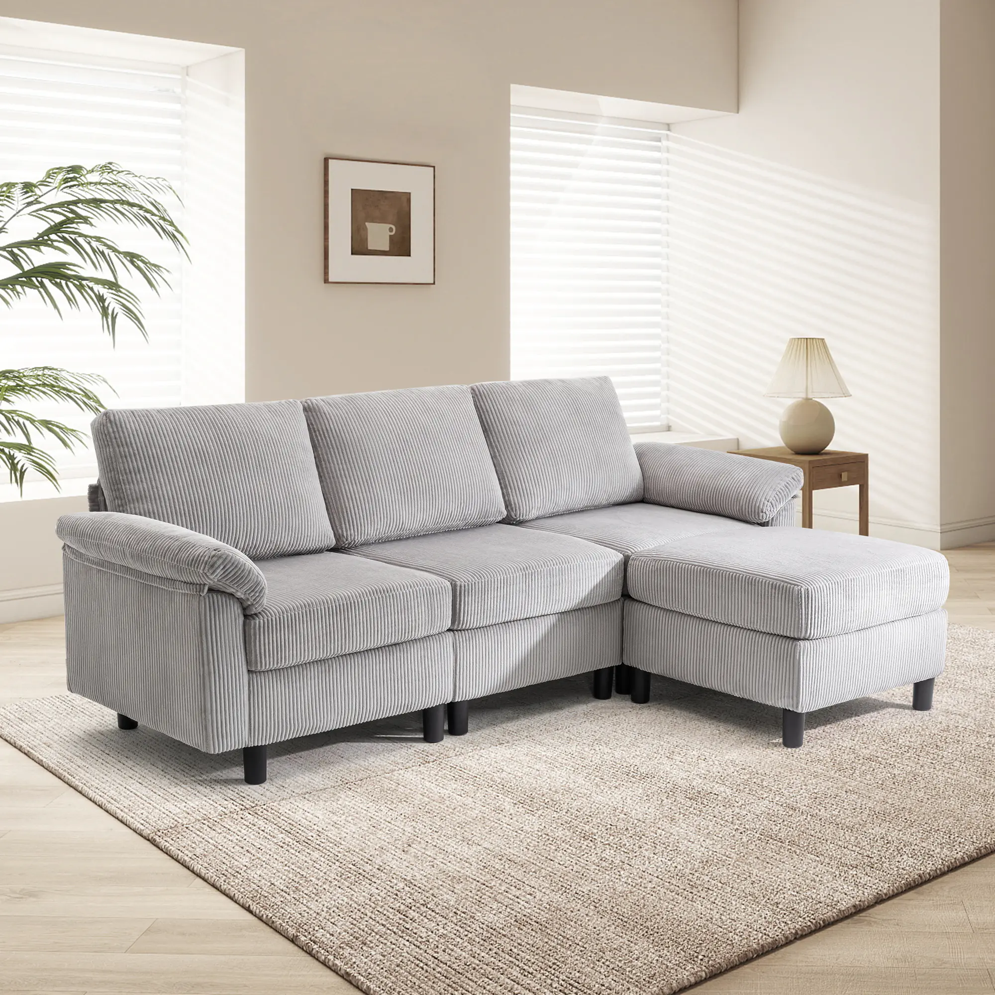 SAETSFEG Sectional Sofa, L-Shape 3-seat Couch with Movable Ottoman, Modern Storage Modular Sofa for Living Room,Lightgrey