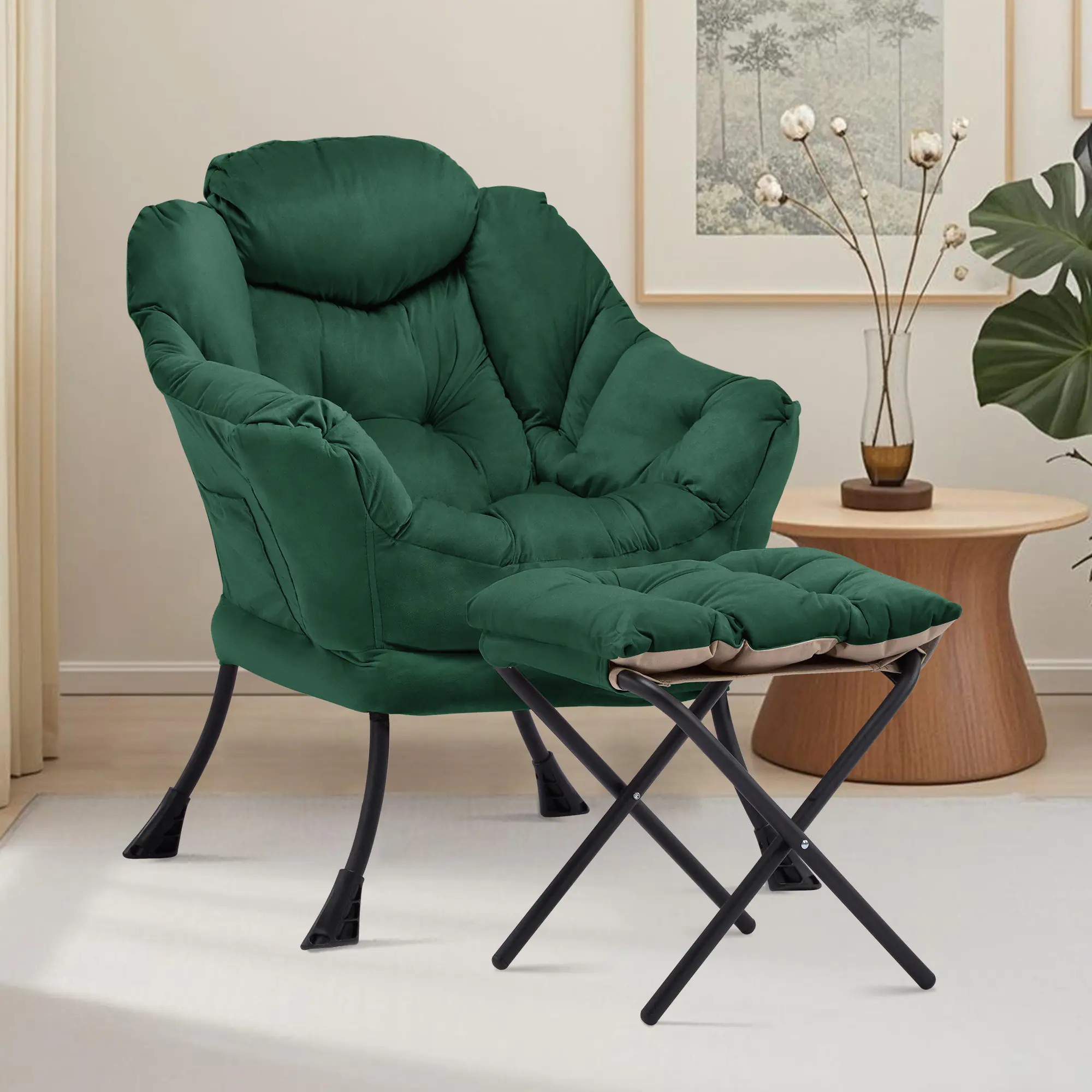 SAETSFEG Lazy Chair with Ottoman, Comfy Accent Lounge Chair with Side Pocket, Modern Reading Armchair with Footrest, Upholstered Sofa Chair for Small Spaces, Bedroom, Living Room, Dorm, Green
