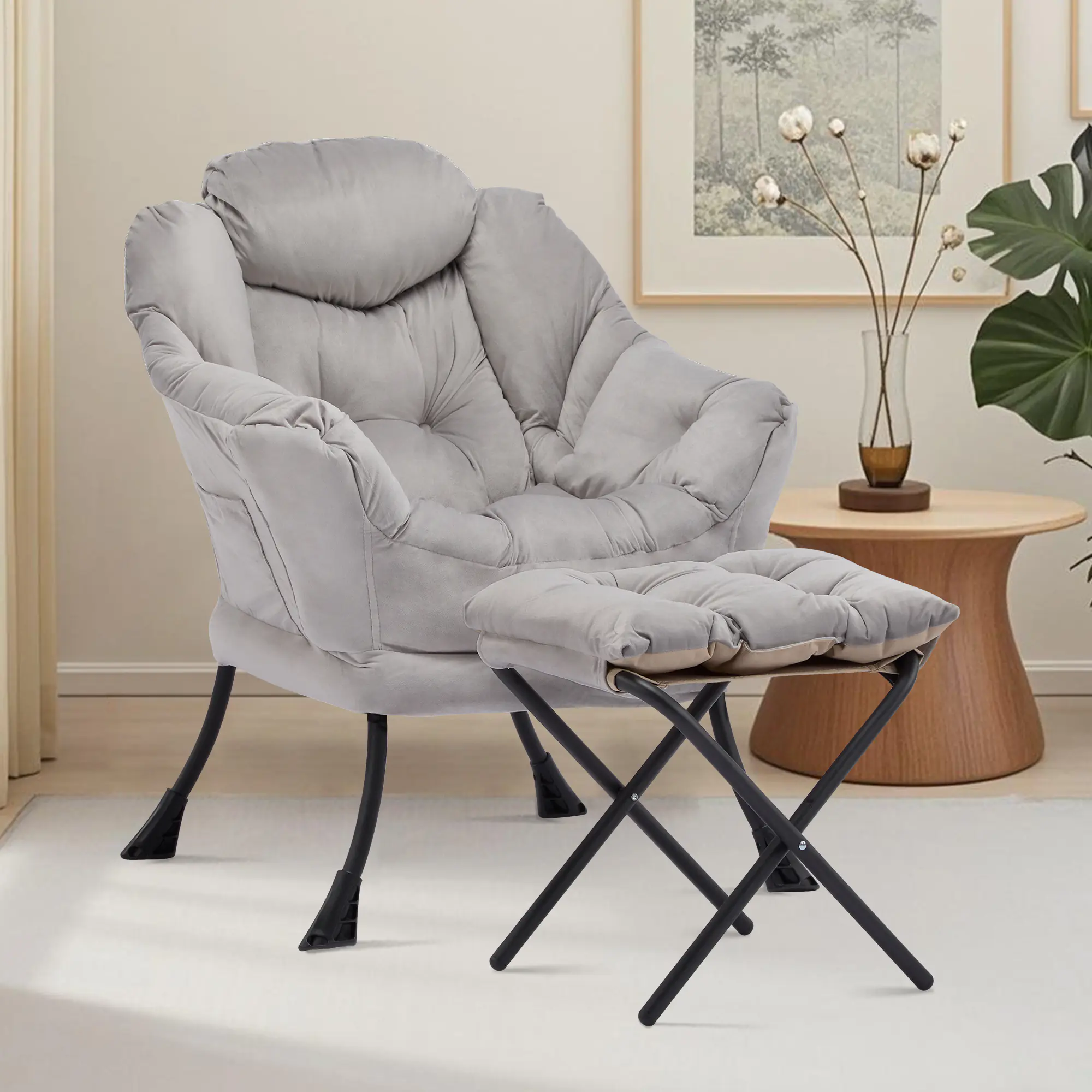SAETSFEG Lazy Chair with Ottoman, Comfy Accent Lounge Chair with Side Pocket, Modern Reading Armchair with Footrest, Upholstered Sofa Chair for Small Spaces, Bedroom, Living Room, Dorm, Grey