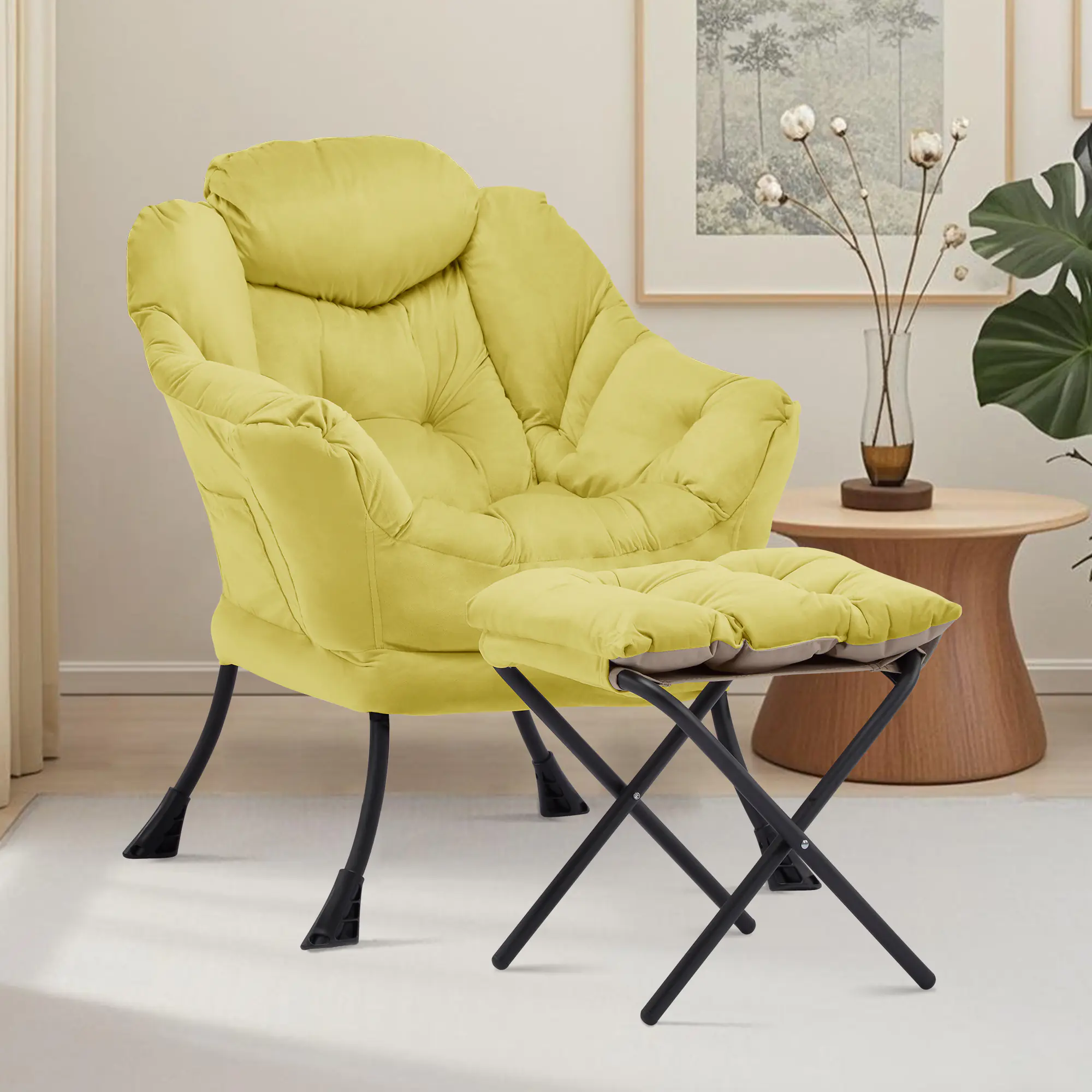SAETSFEG Lazy Chair with Ottoman, Comfy Accent Lounge Chair with Side Pocket, Modern Reading Armchair with Footrest, Upholstered Sofa Chair for Small Spaces, Bedroom, Living Room, Dorm, Yellow