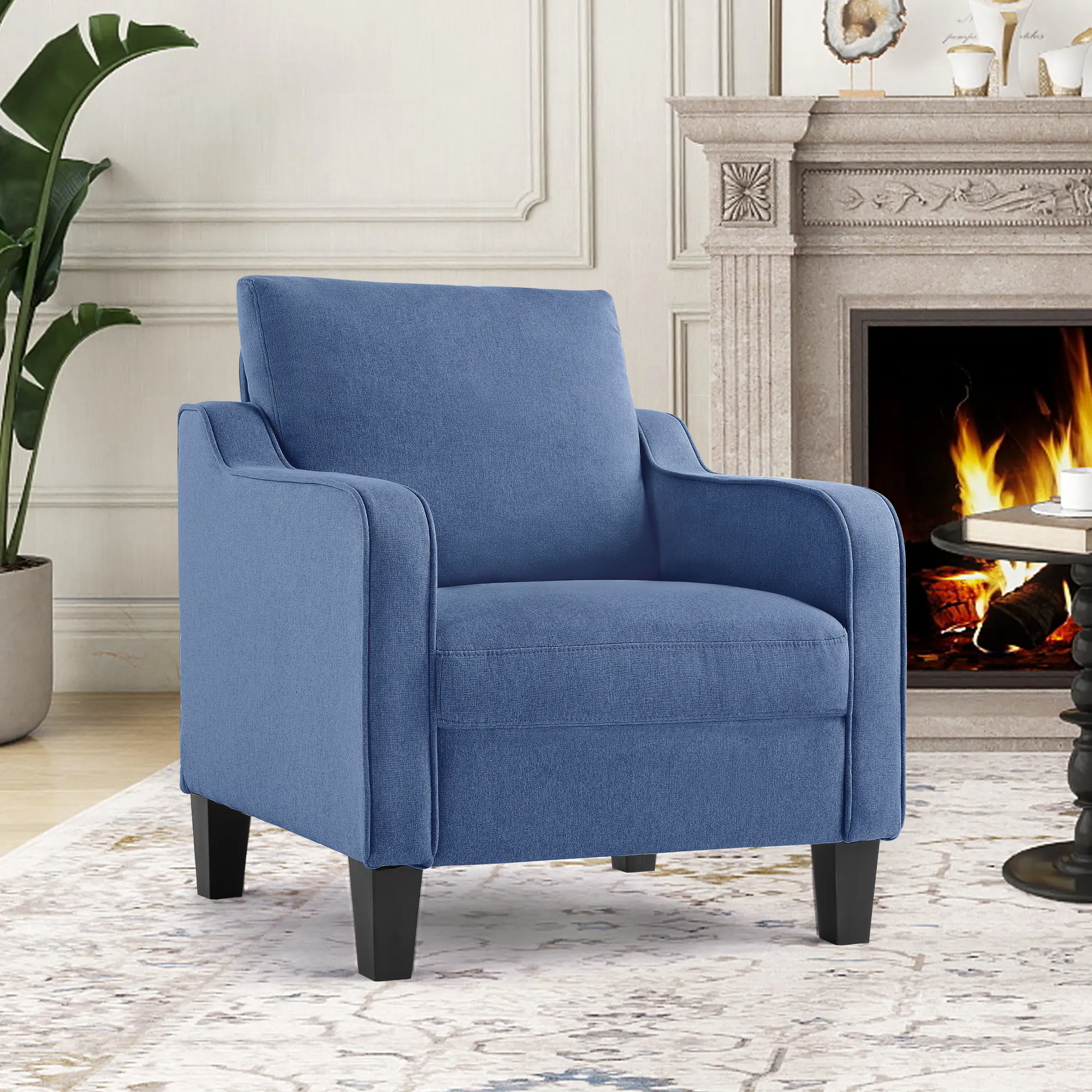 SAETSFEG Mid-Century Accent Chairs, Linen Modern Upholstered Living Room Chair, Comfy Reading Armchair with Scooped Arm and Wide Seat, Compact Single Sofa Chair for Bedroom Office, Blue 1PC