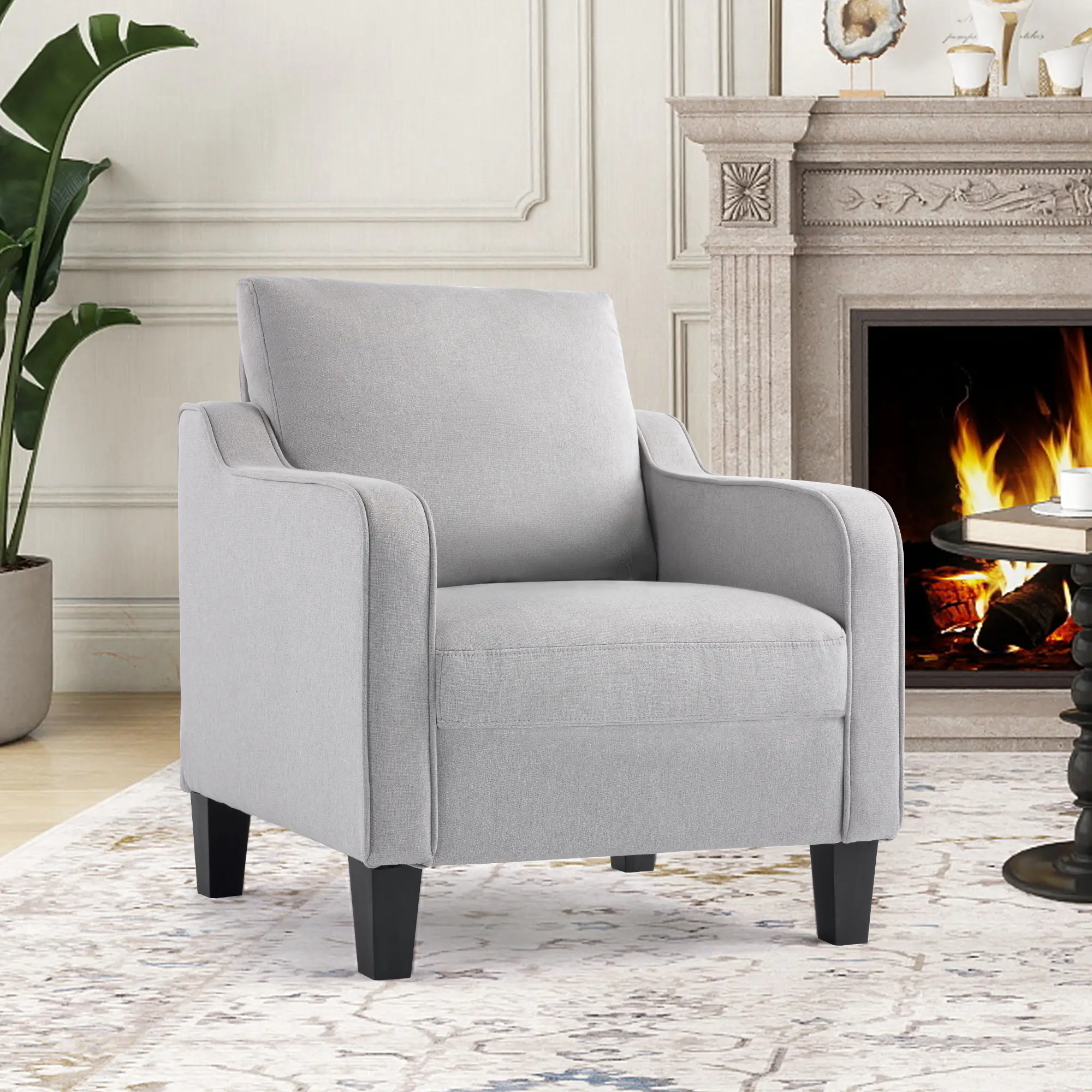 SAETSFEG Mid-Century Accent Chairs, Linen Modern Upholstered Living Room Chair, Comfy Reading Armchair with Scooped Arm and Wide Seat, Compact Single Sofa Chair for Bedroom Office, Lightgrey 1PC