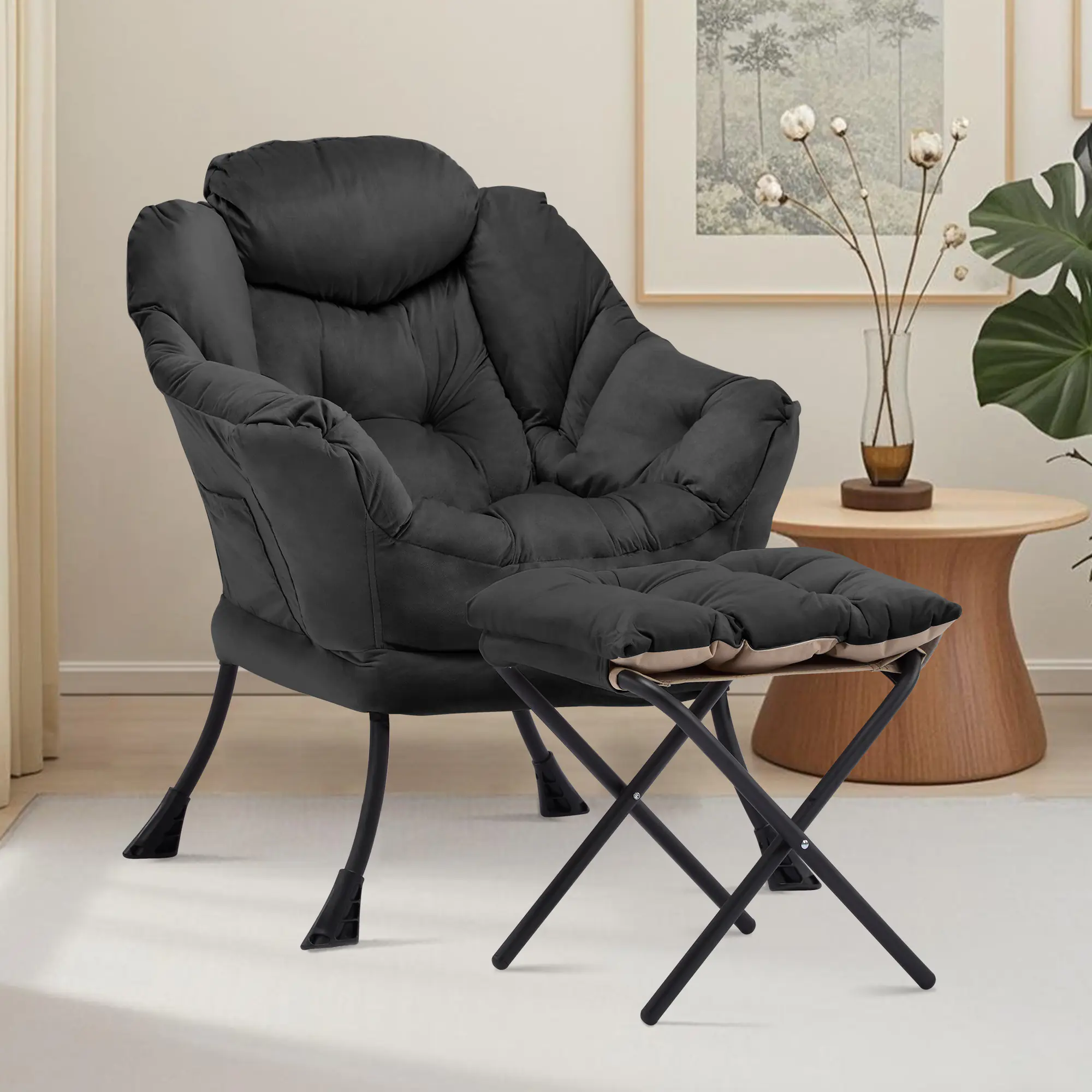 SAETSFEG Lazy Chair with Ottoman, Comfy Accent Lounge Chair with Side Pocket, Modern Reading Armchair with Footrest, Upholstered Sofa Chair for Small Spaces, Bedroom, Living Room, Dorm, Black