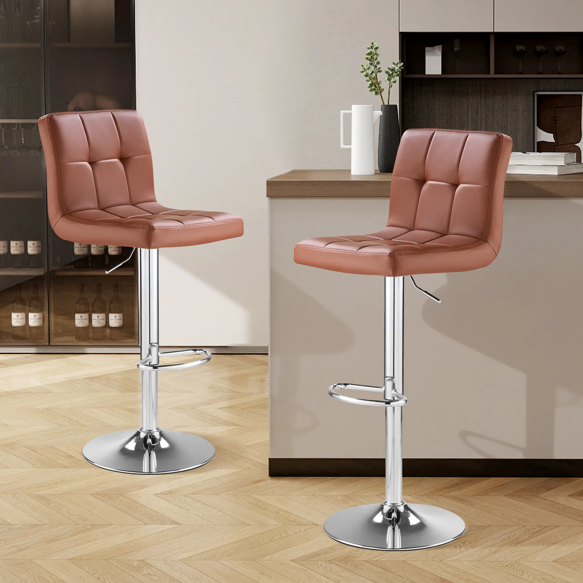 SAETSFEG Bar Stools Set of 2, Thickened Seat Cushion Adjustable Swivel Bar Stool with Backrest, Counter Height PU Leather Bar Chairs for Kitchen Island, Dining Room, Brown