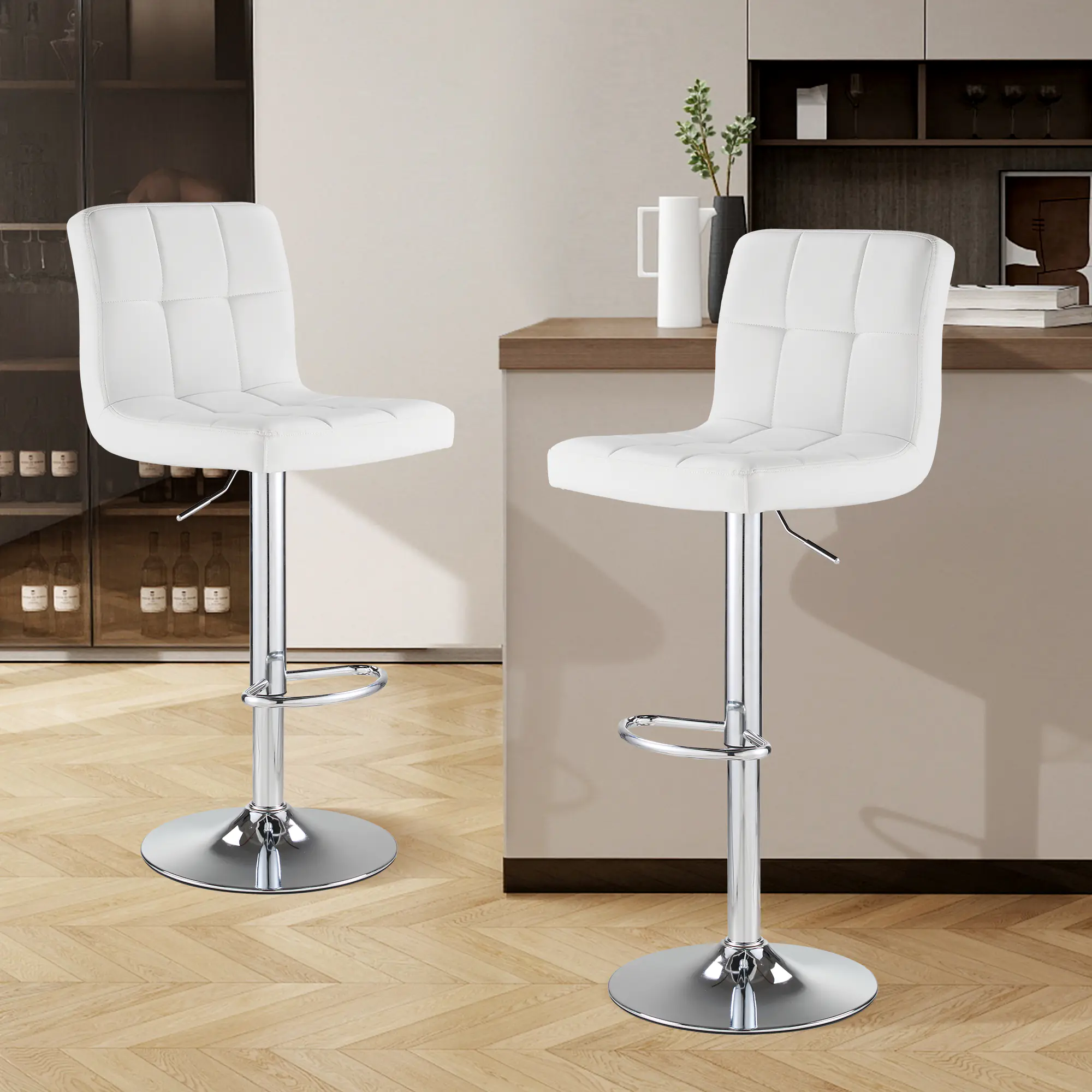 SAETSFEG Bar Stools Set of 2, Thickened Seat Cushion Adjustable Swivel Bar Stool with Backrest, Counter Height PU Leather Bar Chairs for Kitchen Island, Dining Room, White-A