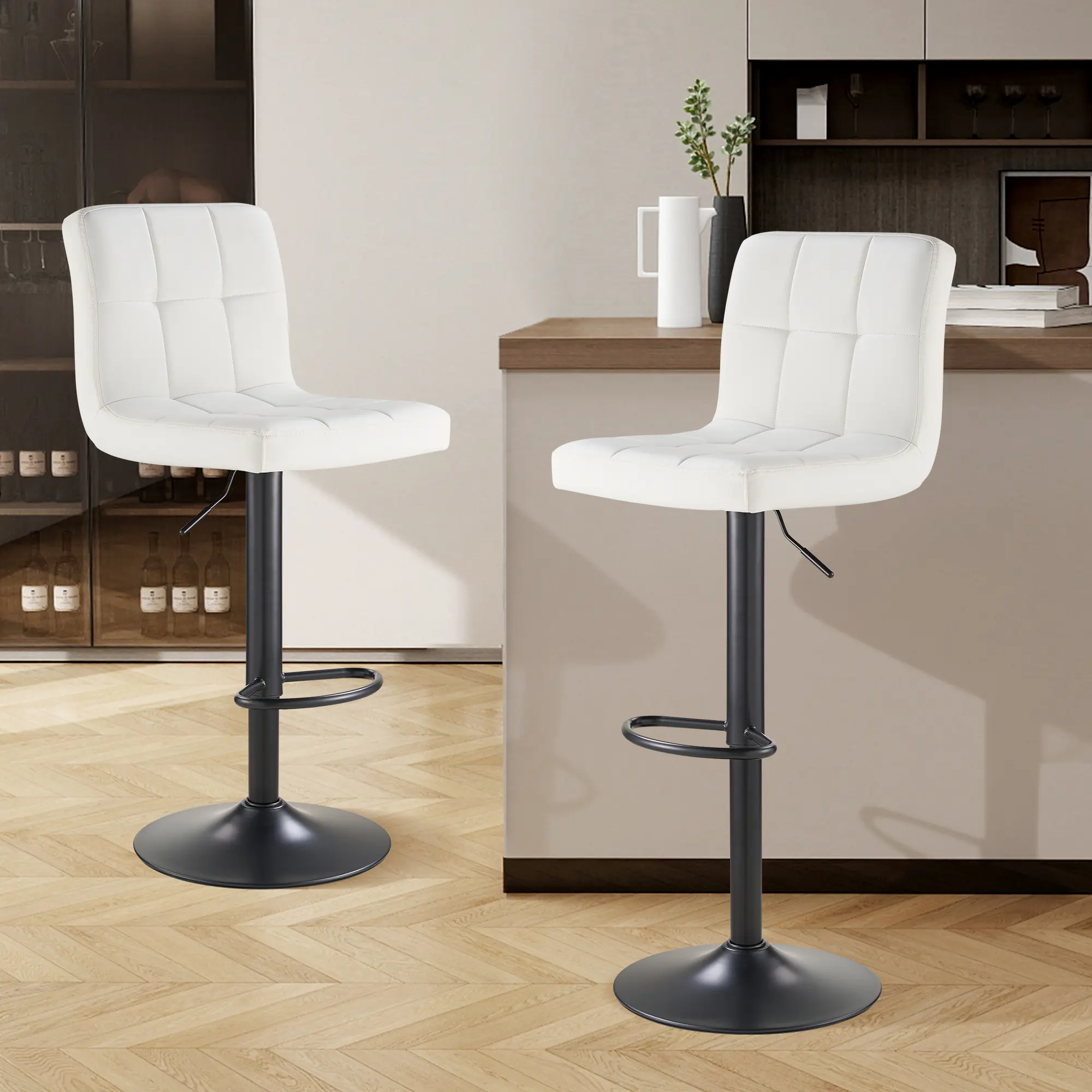 SAETSFEG Bar Stools Set of 2, Thickened Seat Cushion Adjustable Swivel Bar Stool with Backrest, Counter Height PU Leather Bar Chairs for Kitchen Island, Dining Room, White-B