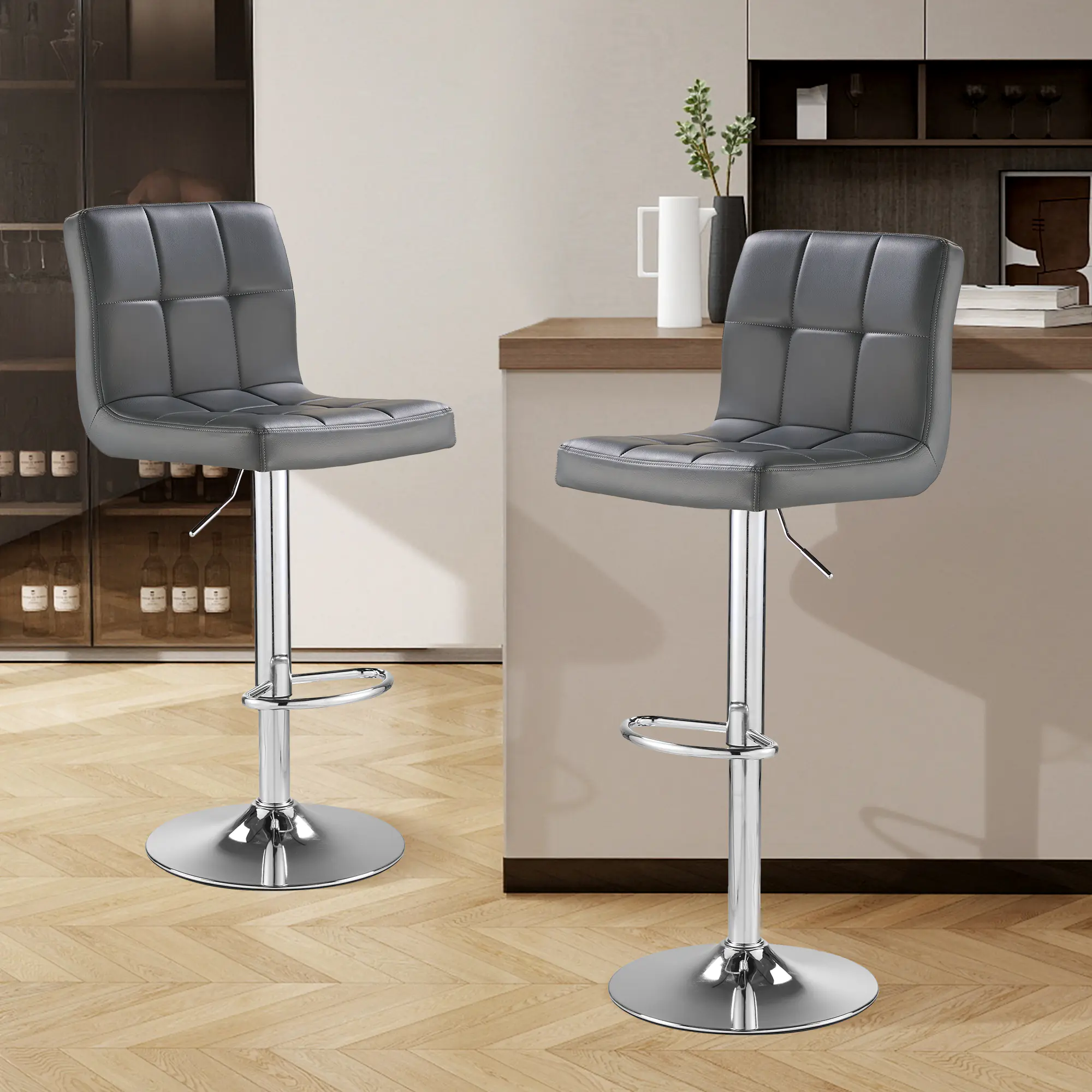 SAETSFEG Bar Stools Set of 2, Thickened Seat Cushion Adjustable Swivel Bar Stool with Backrest, Counter Height PU Leather Bar Chairs for Kitchen Island, Dining Room, Darkgrey