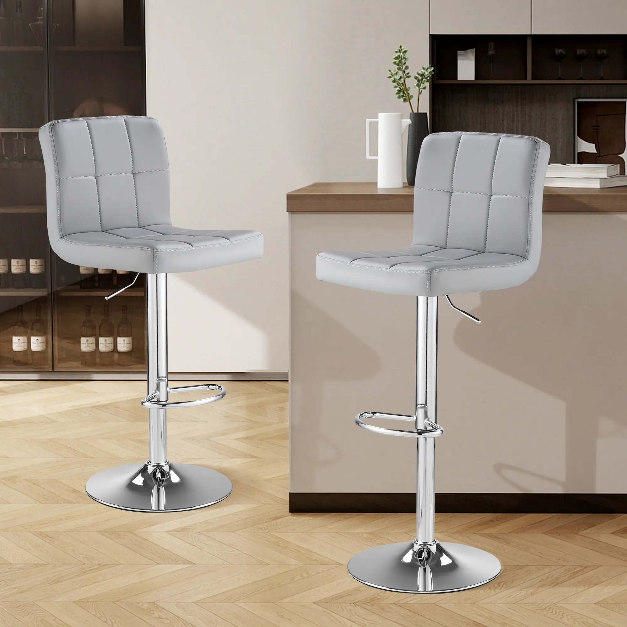 SAETSFEG Bar Stools Set of 2, Thickened Seat Cushion Adjustable Swivel Bar Stool with Backrest, Counter Height PU Leather Bar Chairs for Kitchen Island, Dining Room, Lightgrey