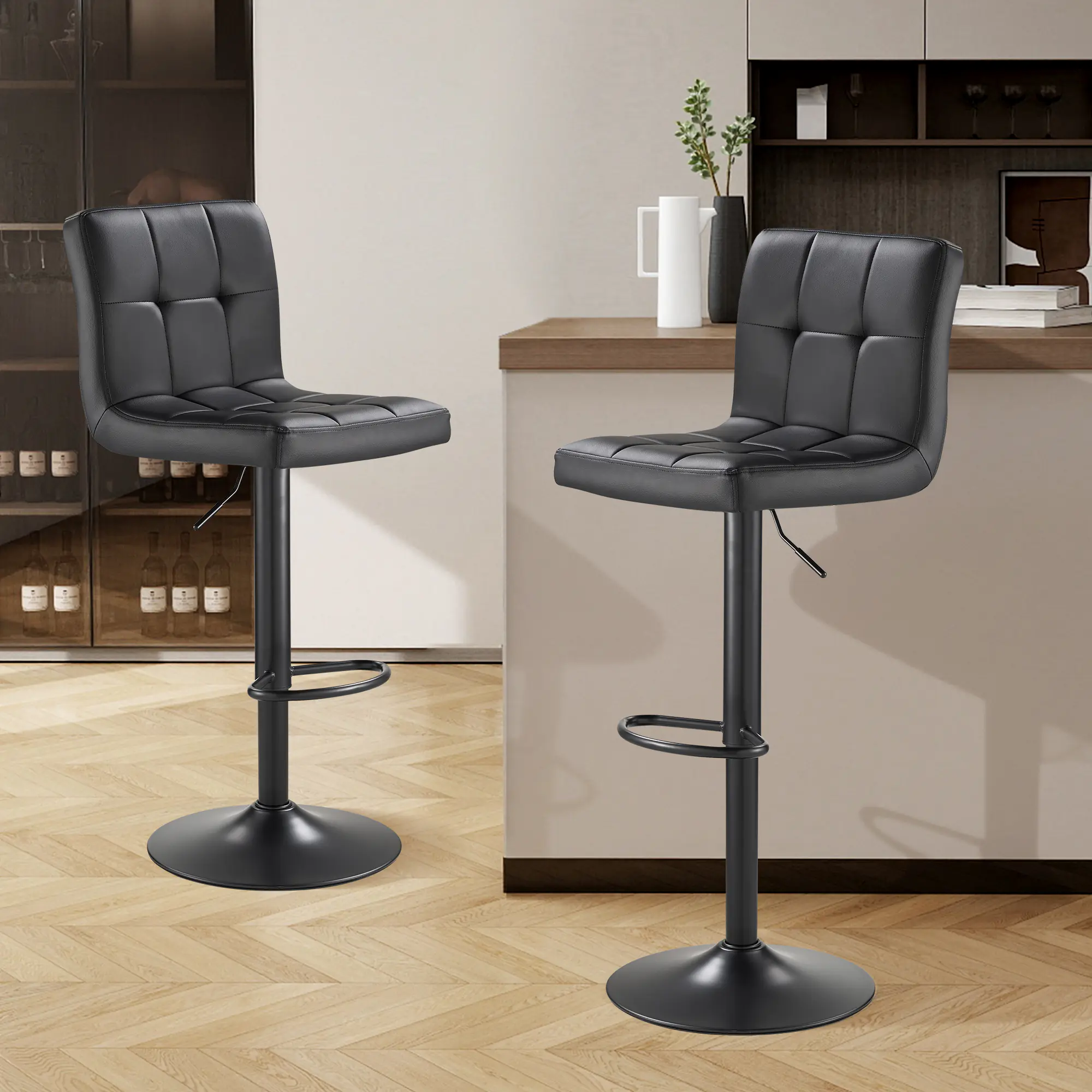 SAETSFEG Bar Stools Set of 2, Thickened Seat Cushion Adjustable Swivel Bar Stool with Backrest, Counter Height PU Leather Bar Chairs for Kitchen Island, Dining Room, Black-B