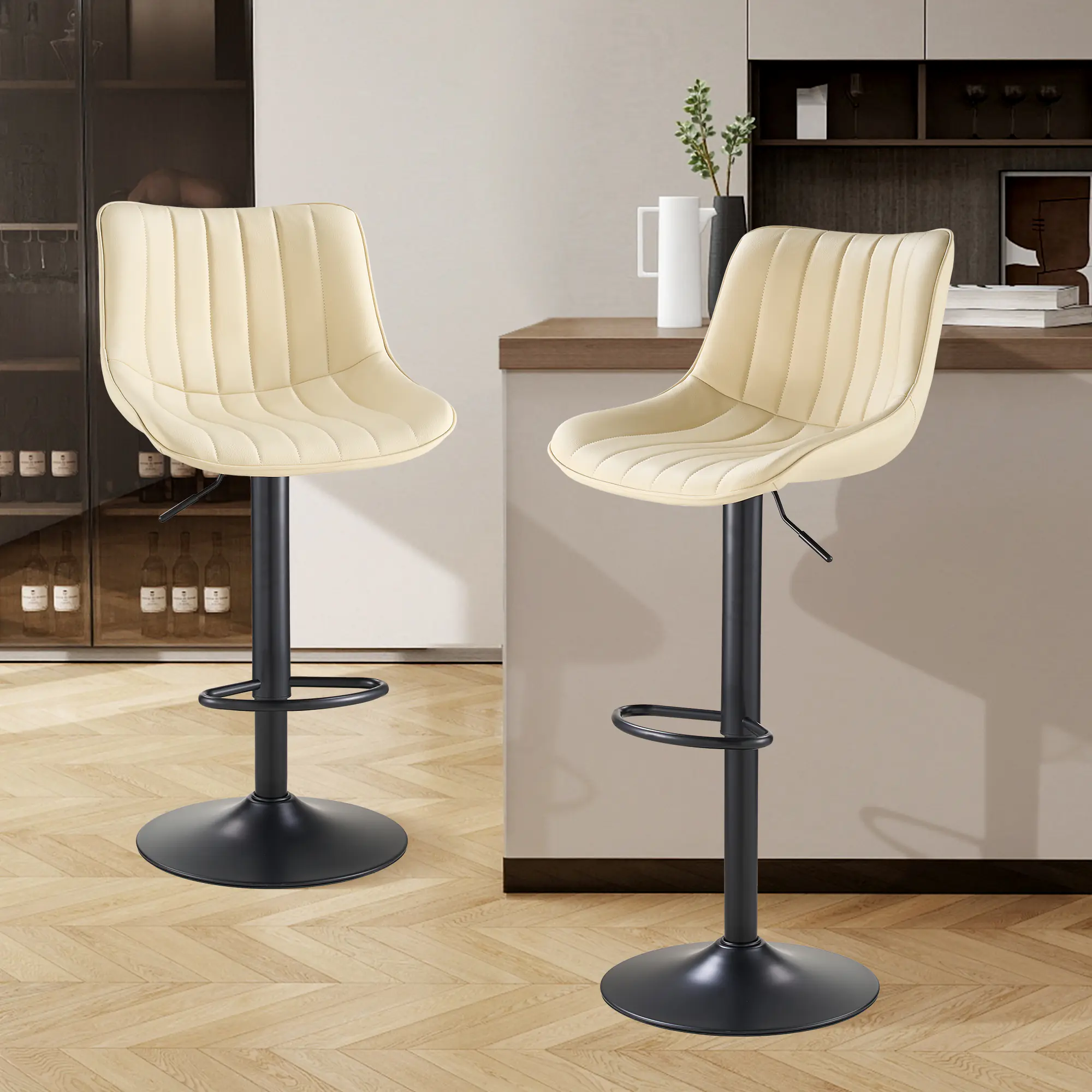 SAETSFEG Bar Stools Set of 2, Adjustable Swivel Counter Height Bar Stool with Footrest, Modern PU Leather Bar Chairs for Kitchen Island, Dining Room, Beige
