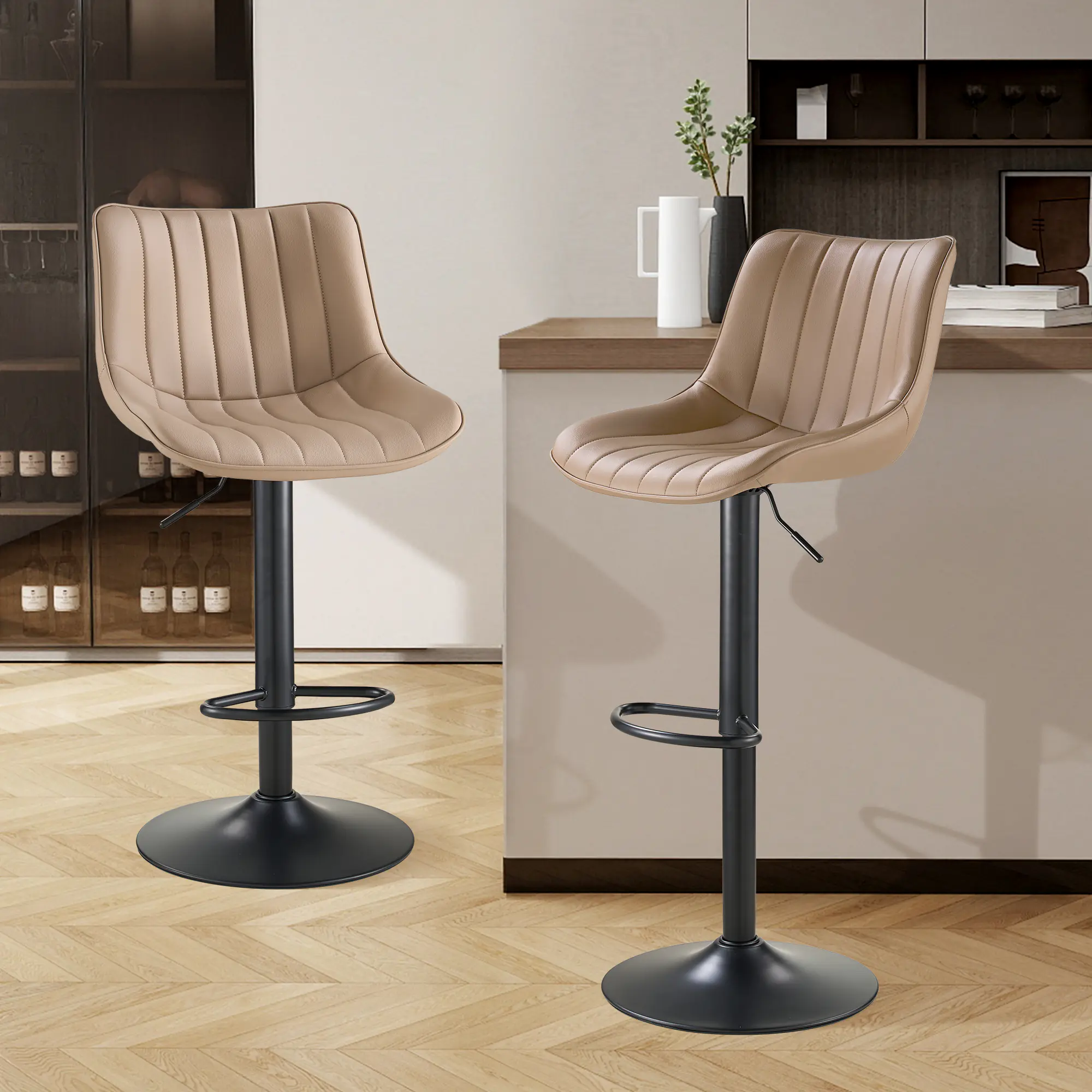 SAETSFEG Bar Stools Set of 2, Adjustable Swivel Counter Height Bar Stool with Footrest, Modern PU Leather Bar Chairs for Kitchen Island, Dining Room, Oatmeal