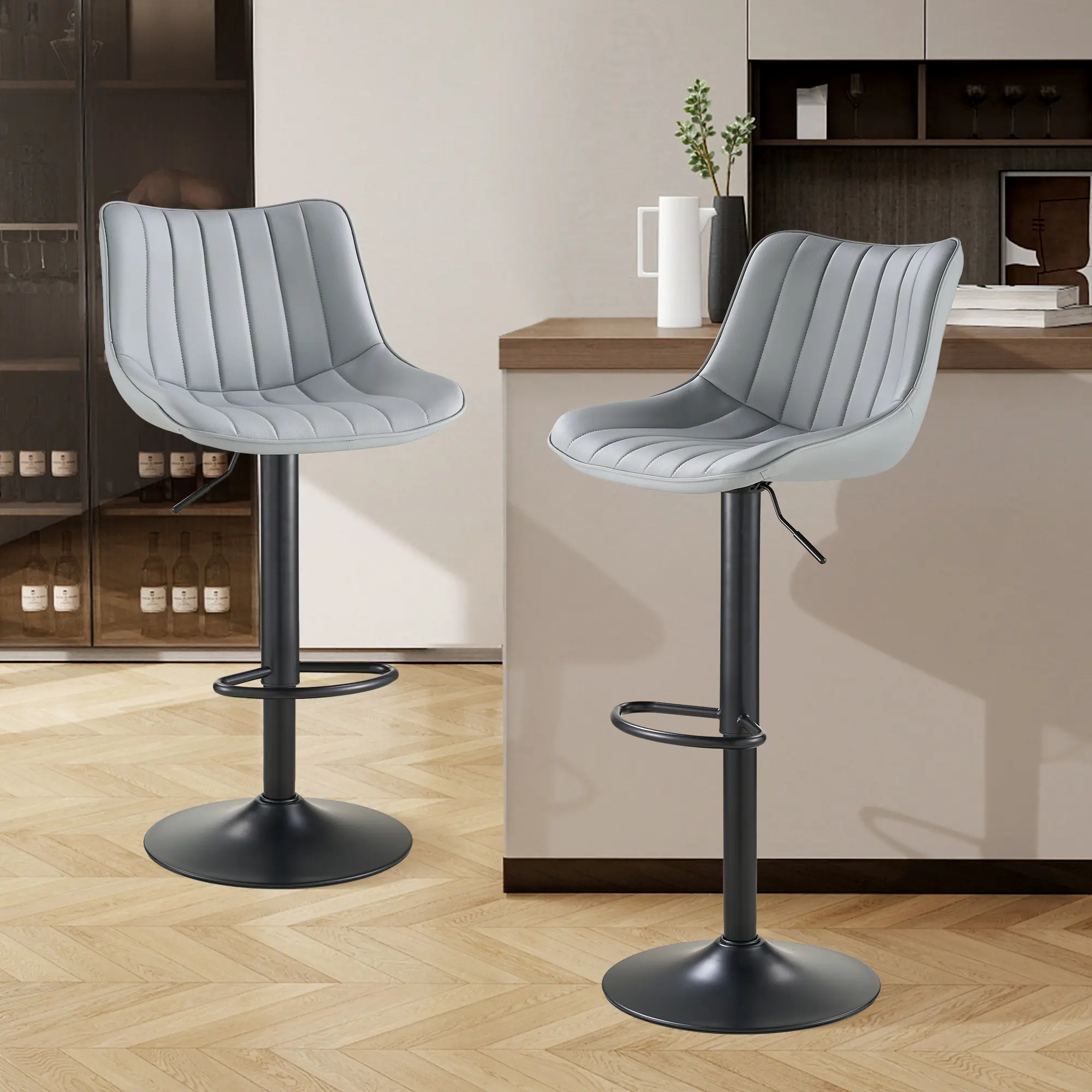 SAETSFEG Bar Stools Set of 2, Adjustable Swivel Counter Height Bar Stool with Footrest, Modern PU Leather Bar Chairs for Kitchen Island, Dining Room, Lightgrey