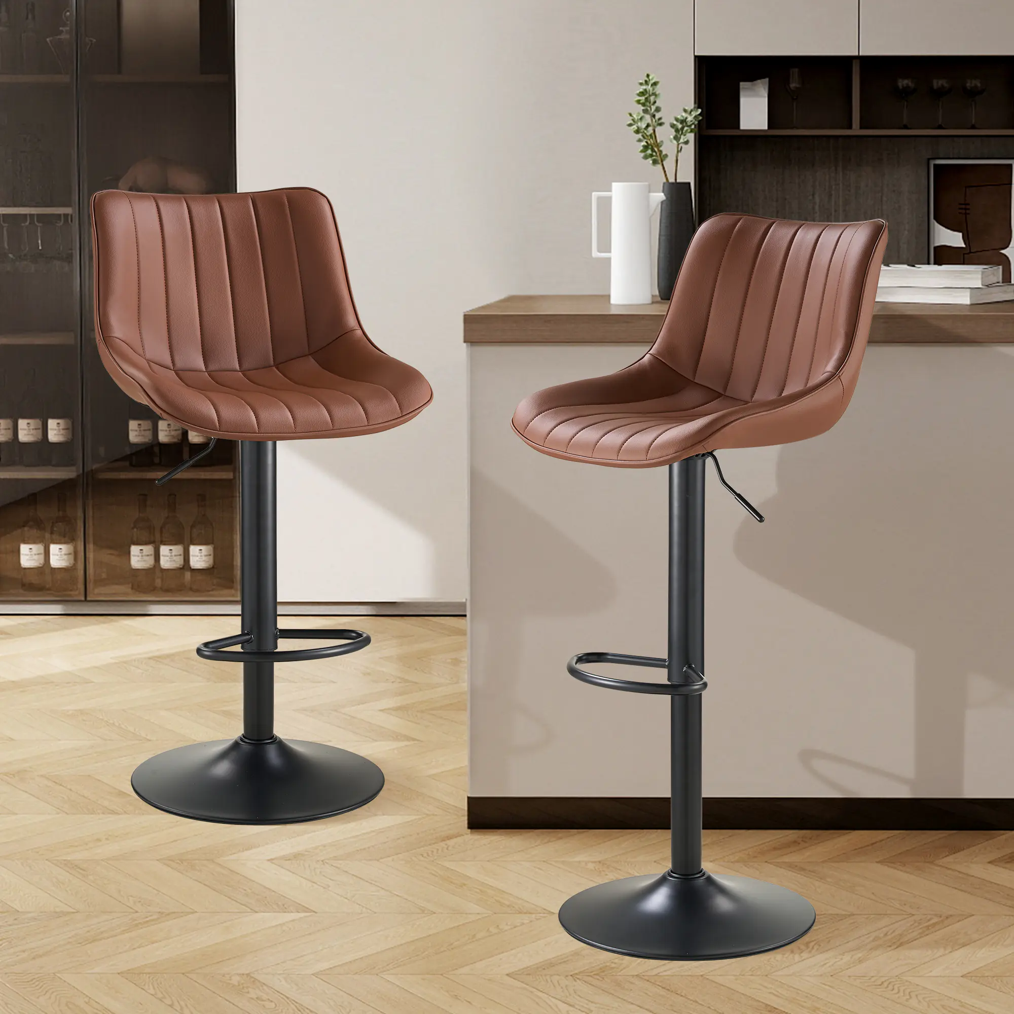 SAETSFEG Bar Stools Set of 2, Adjustable Swivel Counter Height Bar Stool with Footrest, Modern PU Leather Bar Chairs for Kitchen Island, Dining Room, Brown