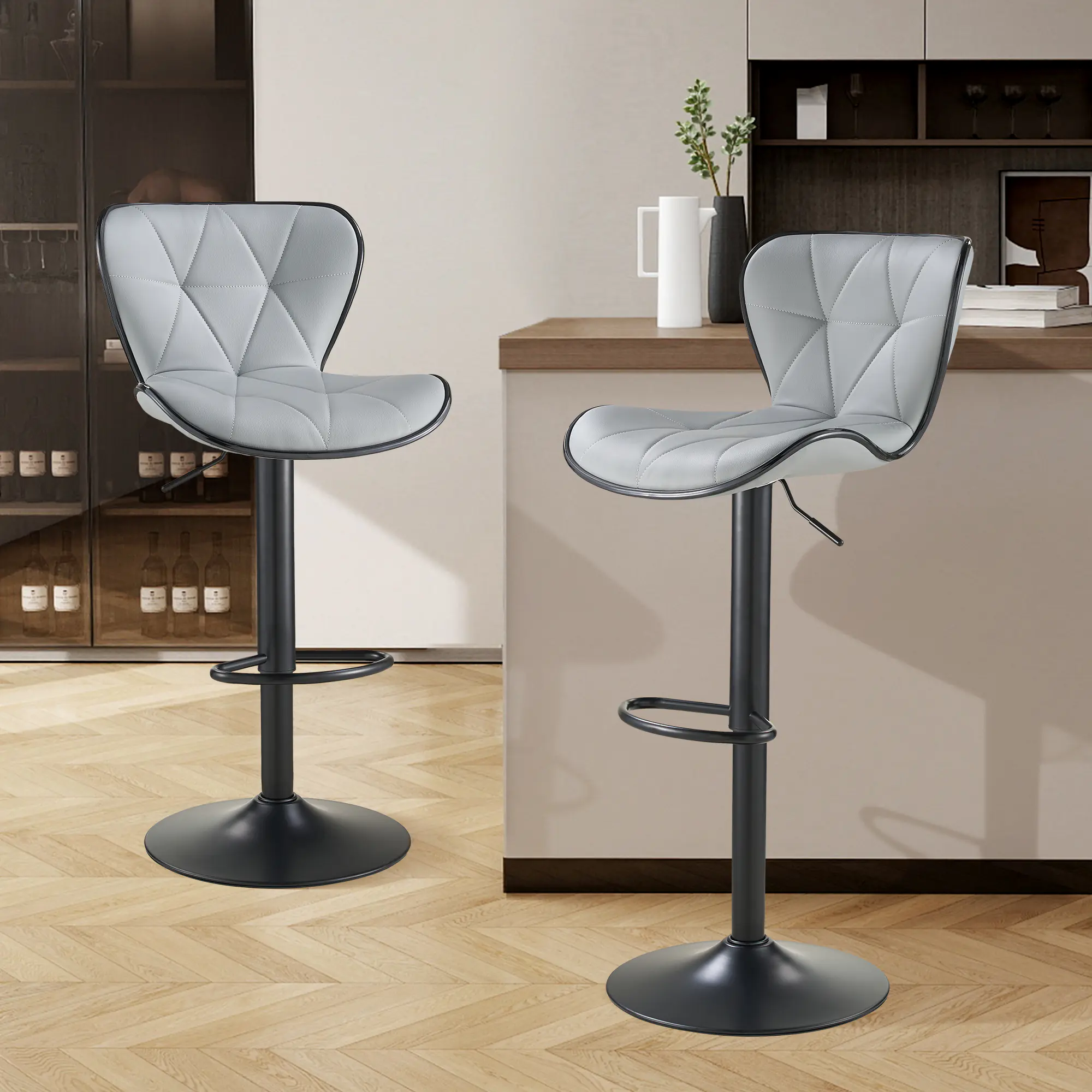 SAETSFEG Bar Stools Set of 2, Adjustable Swivel Bar Stool with Backrest, Modern Counter Height Island Chairs for Kitchen Island, Dining Room, Lightgrey
