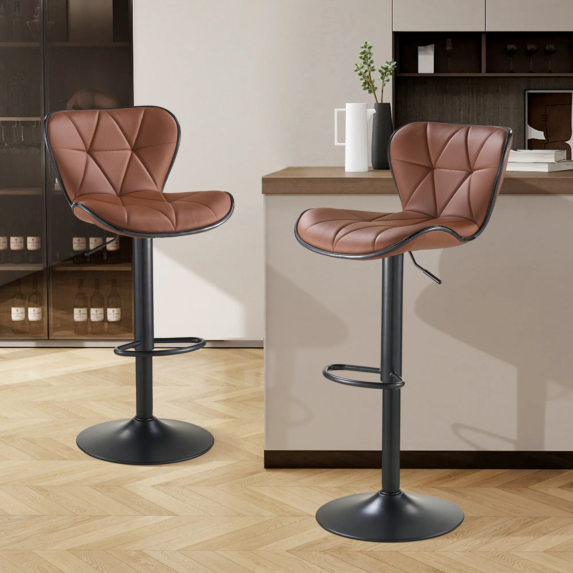 SAETSFEG Bar Stools Set of 2, Adjustable Swivel Bar Stool with Backrest, Modern Counter Height Island Chairs for Kitchen Island, Dining Room, Brown