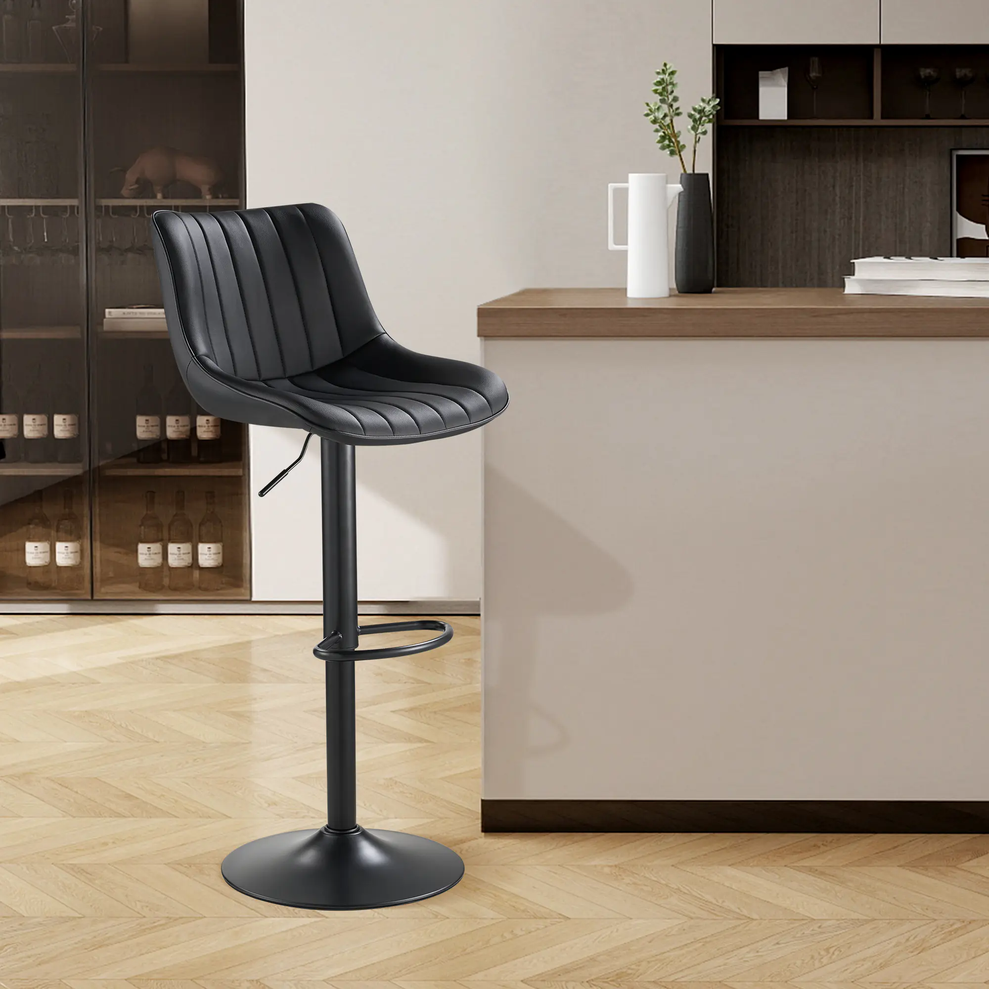 SAETSFEG Bar Stools, Adjustable Swivel Counter Height Bar Stool with Footrest, Modern PU Leather Bar Chairs for Kitchen Island, Dining Room, Black