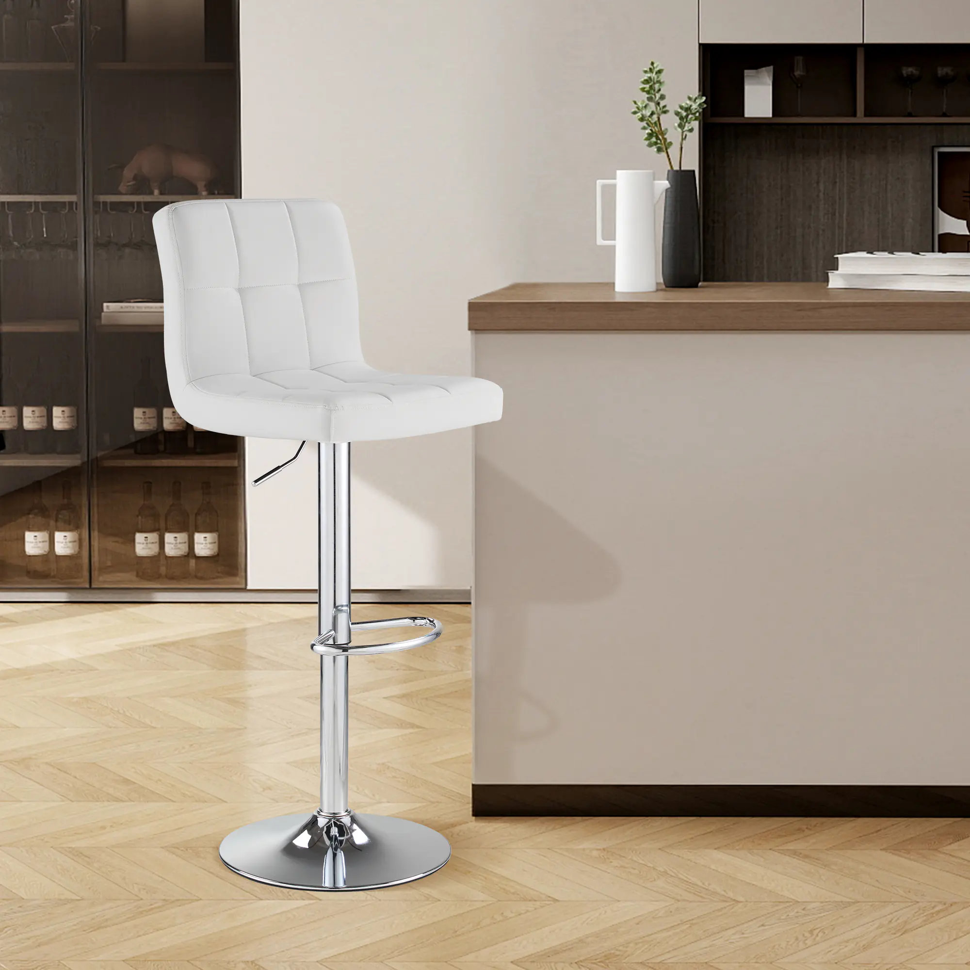 SAETSFEG Bar Stools, Thickened Seat Cushion Adjustable Swivel Bar Stool with Backrest, Counter Height PU Leather Bar Chairs for Kitchen Island, Dining Room, White