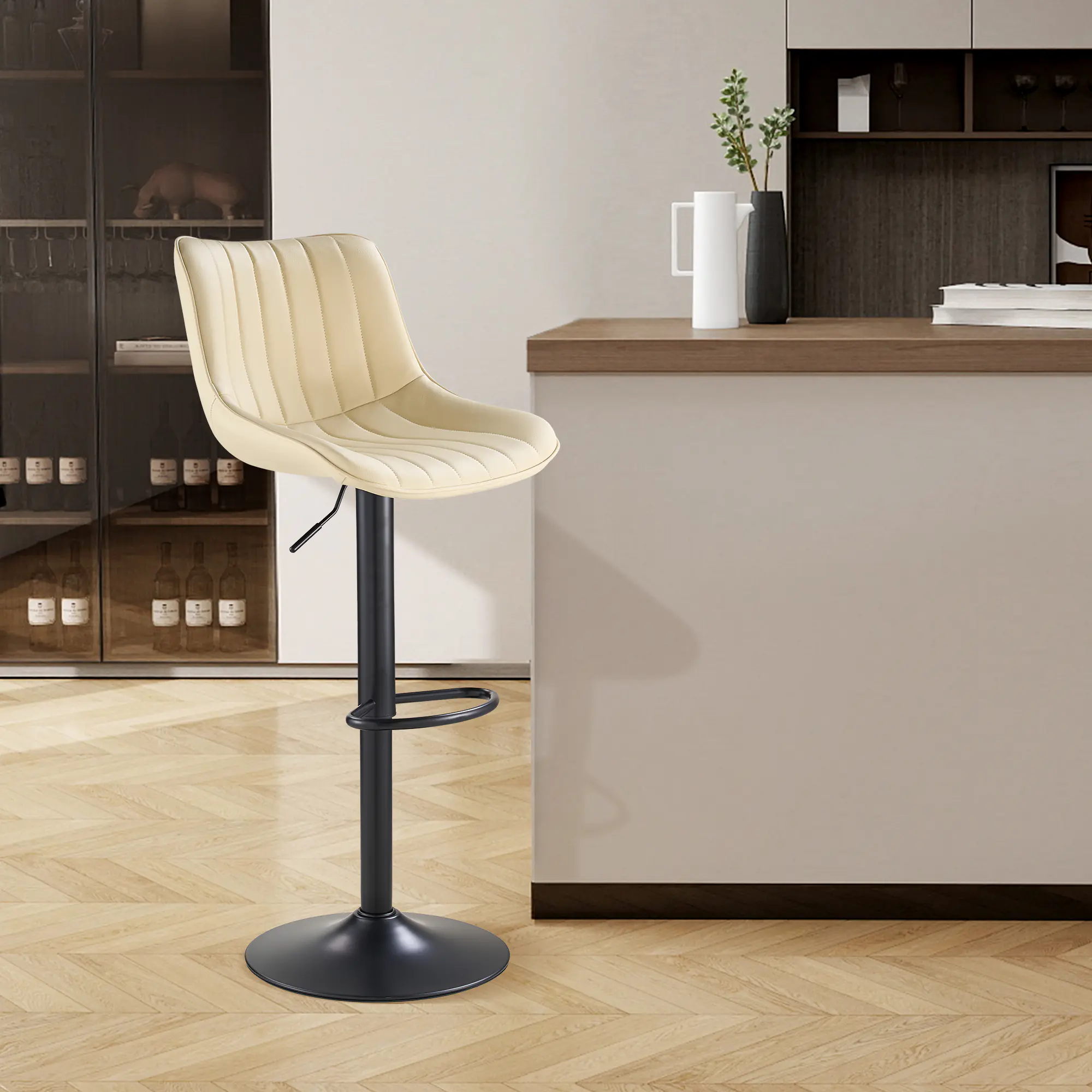 SAETSFEG Bar Stools, Adjustable Swivel Counter Height Bar Stool with Footrest, Modern PU Leather Bar Chairs for Kitchen Island, Dining Room, Beige