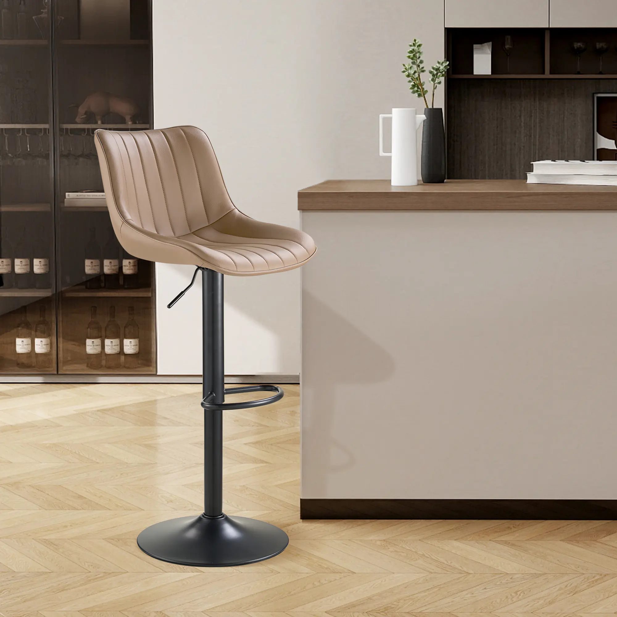 SAETSFEG Bar Stools, Adjustable Swivel Counter Height Bar Stool with Footrest, Modern PU Leather Bar Chairs for Kitchen Island, Dining Room, Oatmeal