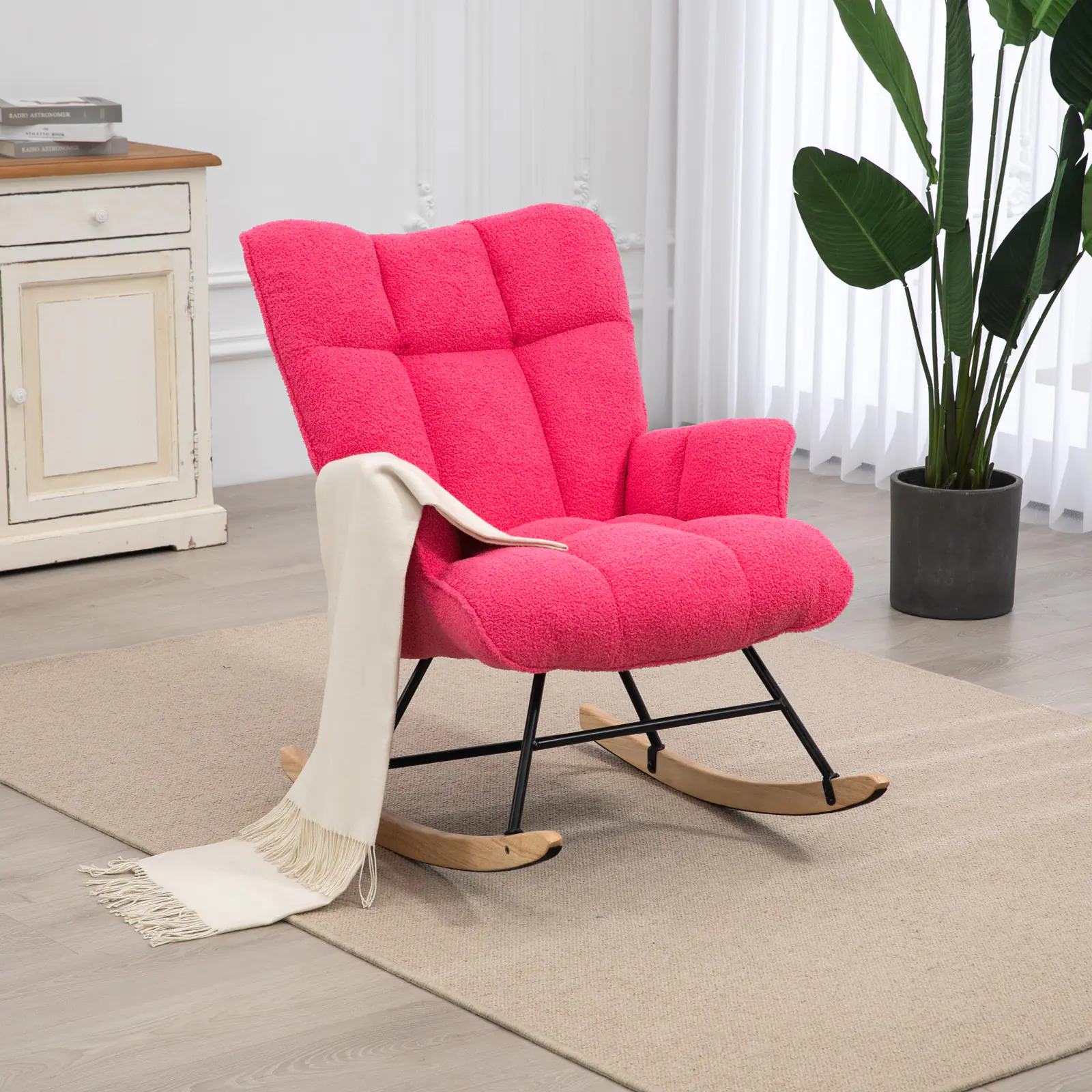 SAETSFEG Nursery Rocking Chair Teddy, High Backrest, Comfortable Stylish with Padded Seat for Living Rooms, Bedrooms, Offices, Hot Pink
