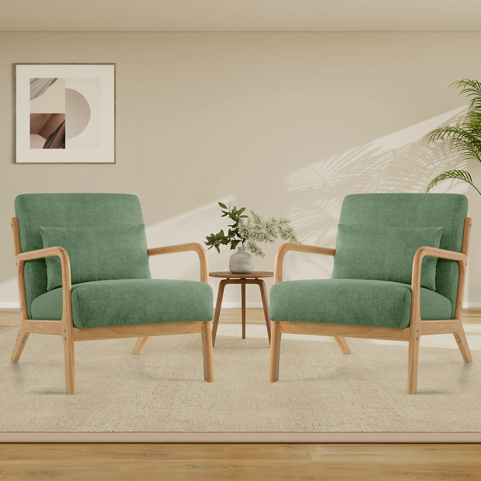 Accent Chair Set of 2 with Pillow Upholstered Mid-Century Chair Living Room Chair for Small Space Solid Wood Frame Reading Chair with Soft Thick Cushion Armchair for Bedroom Balcony Green