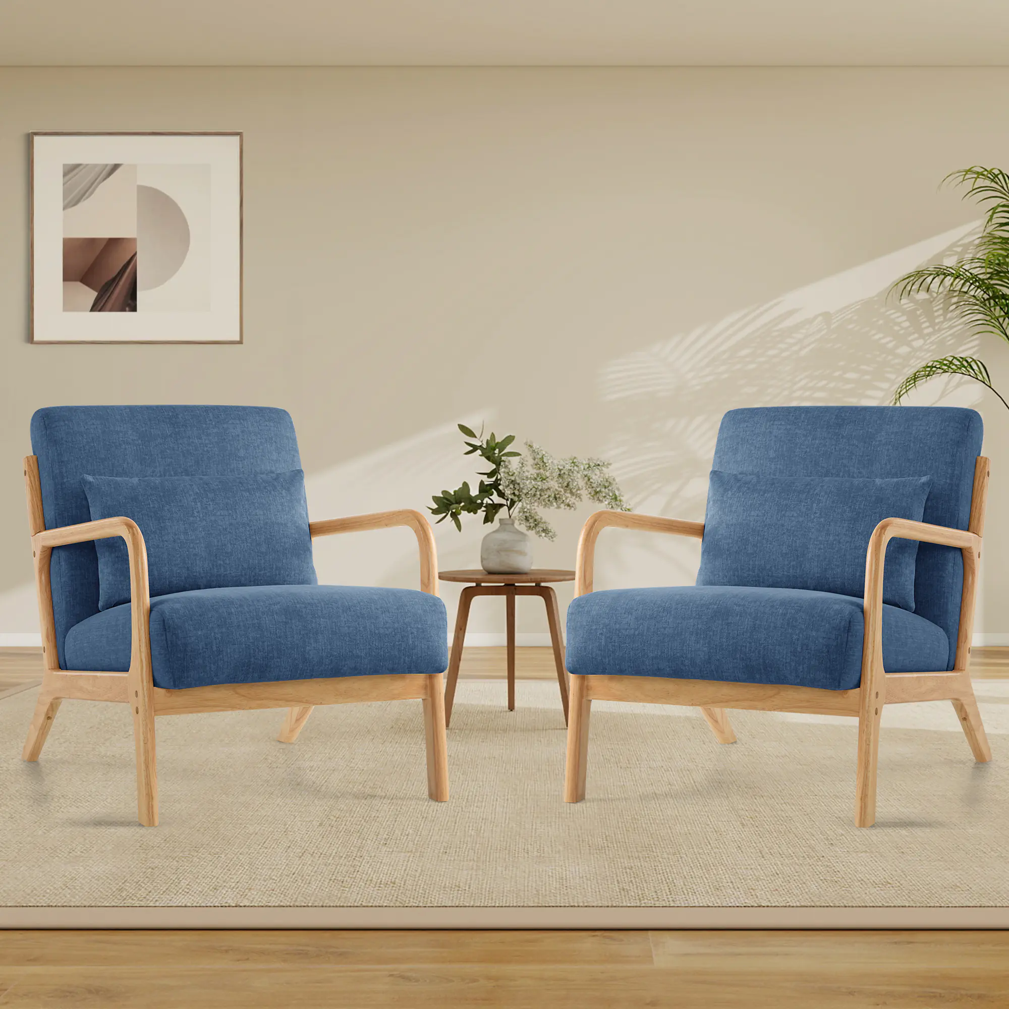 Accent Chair Set of 2 with Pillow Upholstered Mid-Century Chair Living Room Chair for Small Space Solid Wood Frame Reading Chair with Soft Thick Cushion Armchair for Bedroom Balcony Blue