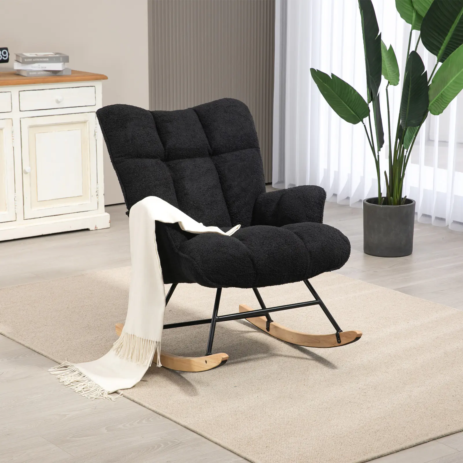 SAETSFEG Nursery Rocking Chair Teddy, High Backrest, Comfortable Stylish with Padded Seat for Living Rooms, Bedrooms, Offices, Black